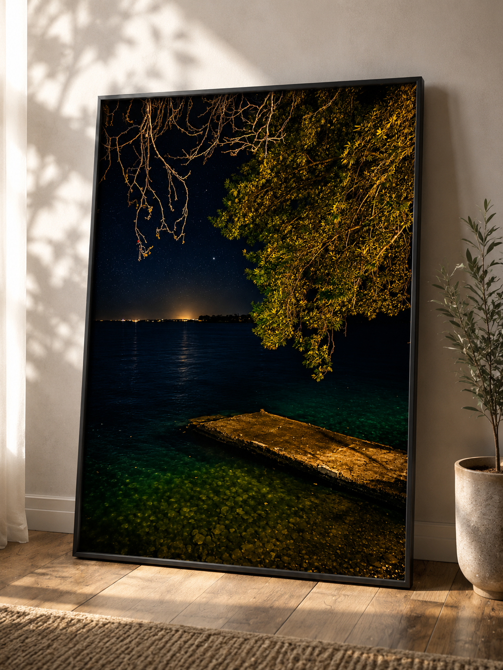 Midnight Reflections Lake Trichonida cinematic poster in a modern interior frame – Morphē Studio wall art print