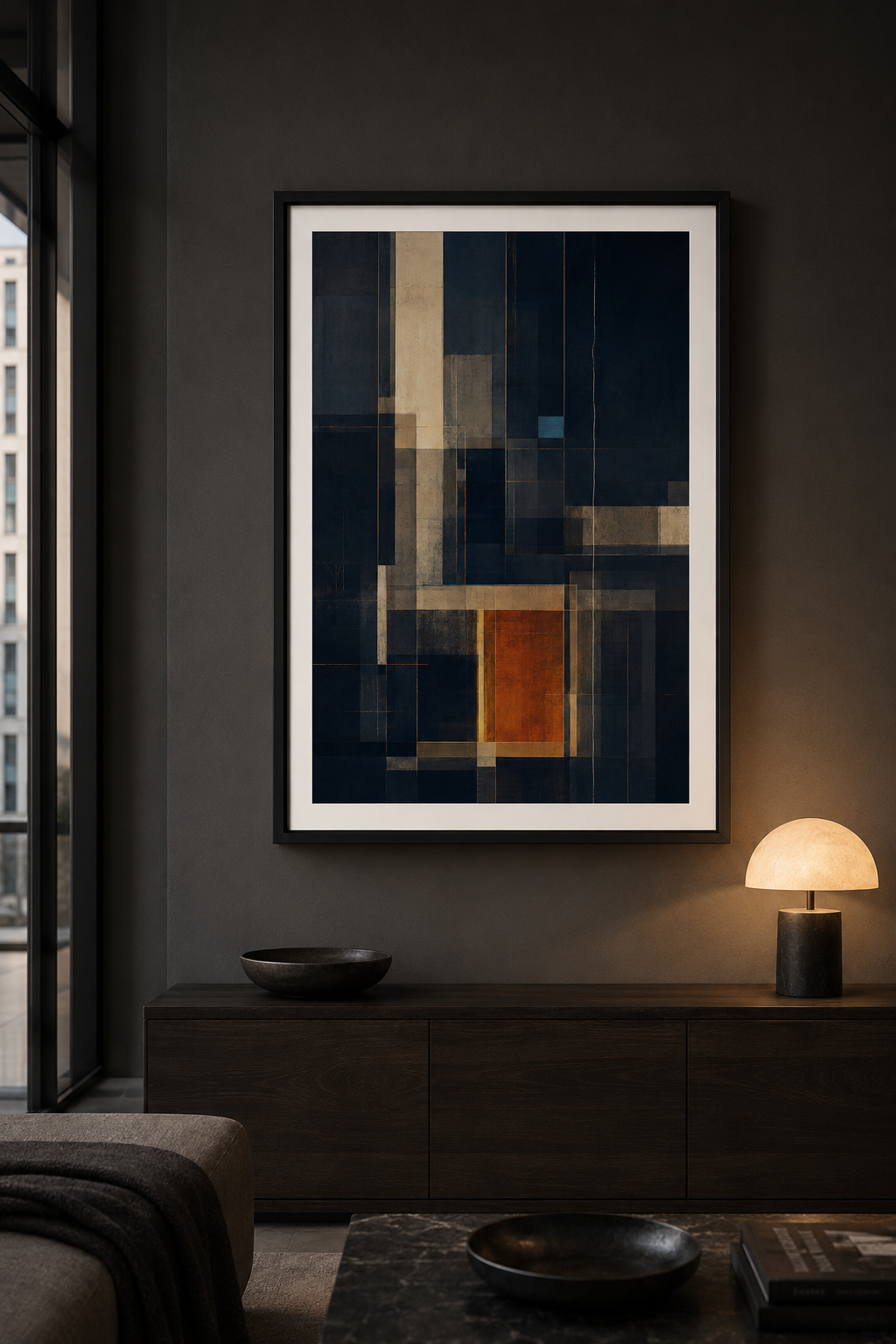 Nocturne Grid | Printable Abstract Wall Art | Morphē Studio — framed dark geometric print on charcoal wall above dark wood sideboard with mushroom lamp in moody living room