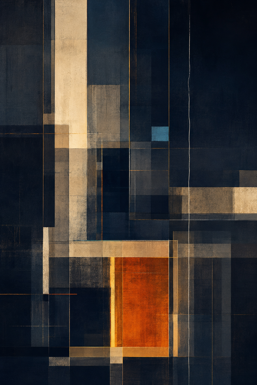 Nocturne Grid | Printable Abstract Wall Art | Morphē Studio — deep navy blue geometric grid with warm sand and burnt amber rectangles, architectural abstract art