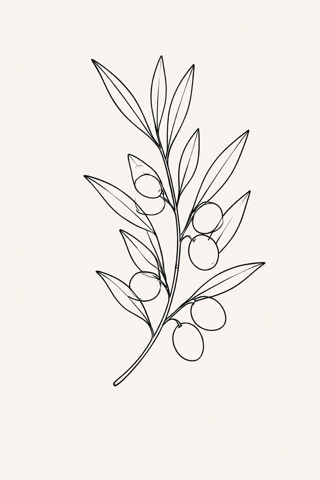 Olive Branch minimal line art print — detailed black line illustration of an olive sprig with leaves and olives on warm cream background, Morphē Studio
