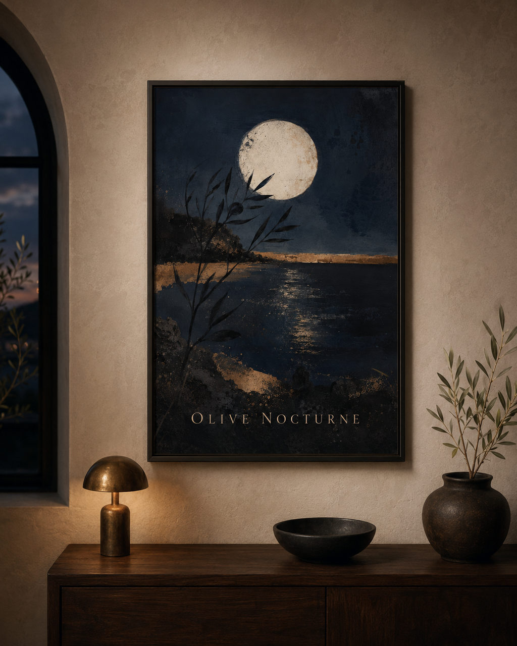 Olive Nocturne | Printable Abstract Wall Art | Morphē Studio — framed dark art print on warm wall above wooden sideboard with brass lamp and olive branch