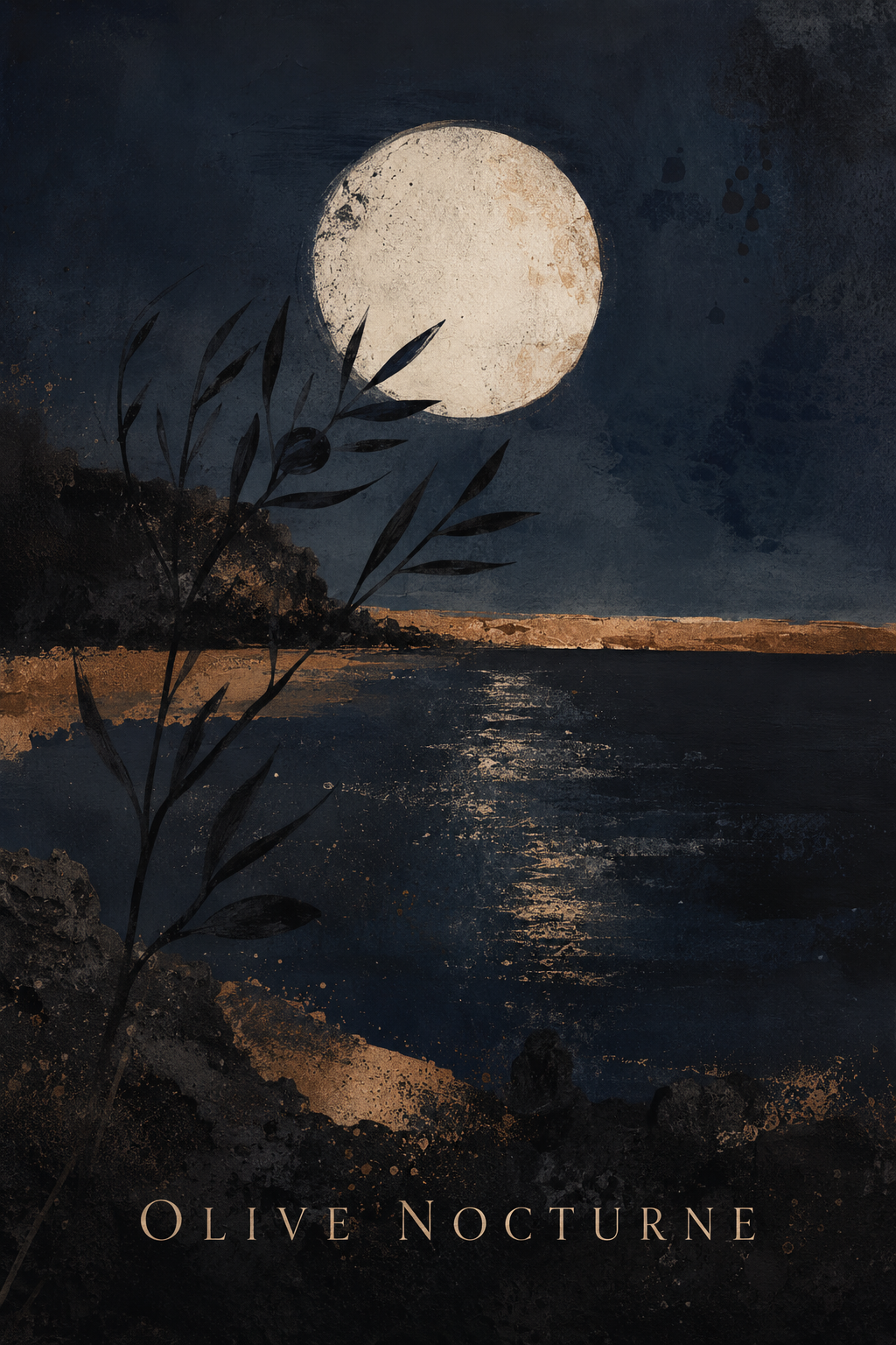 Olive Nocturne | Printable Abstract Wall Art | Morphē Studio — full moon over Aegean sea with olive branch silhouette, dark moody Greek night landscape
