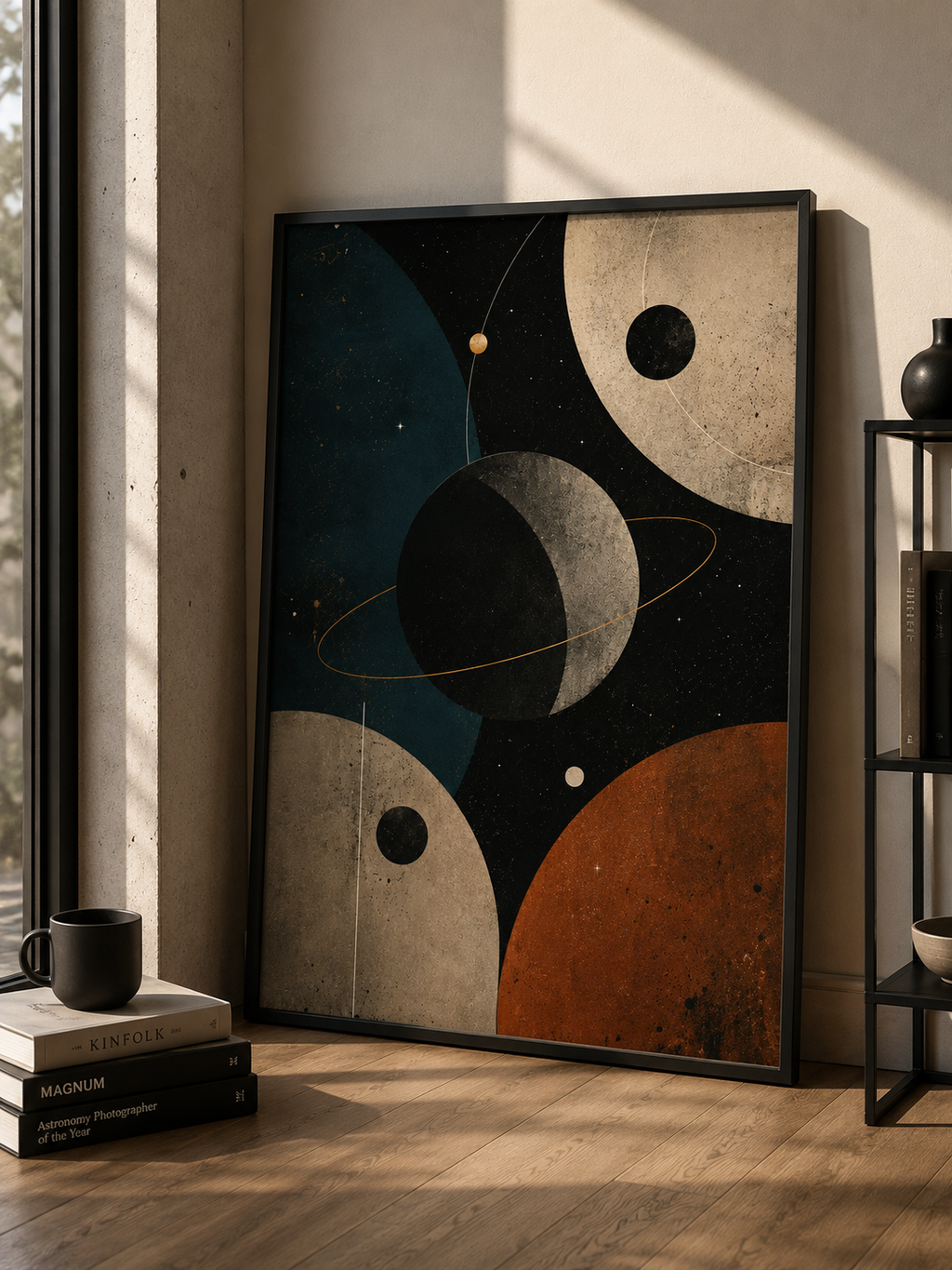 Orbital Echoes | Printable Abstract Wall Art | Morphē Studio — framed dark cosmic print leaning on wall beside black mug on Kinfolk and Magnum books in moody interior