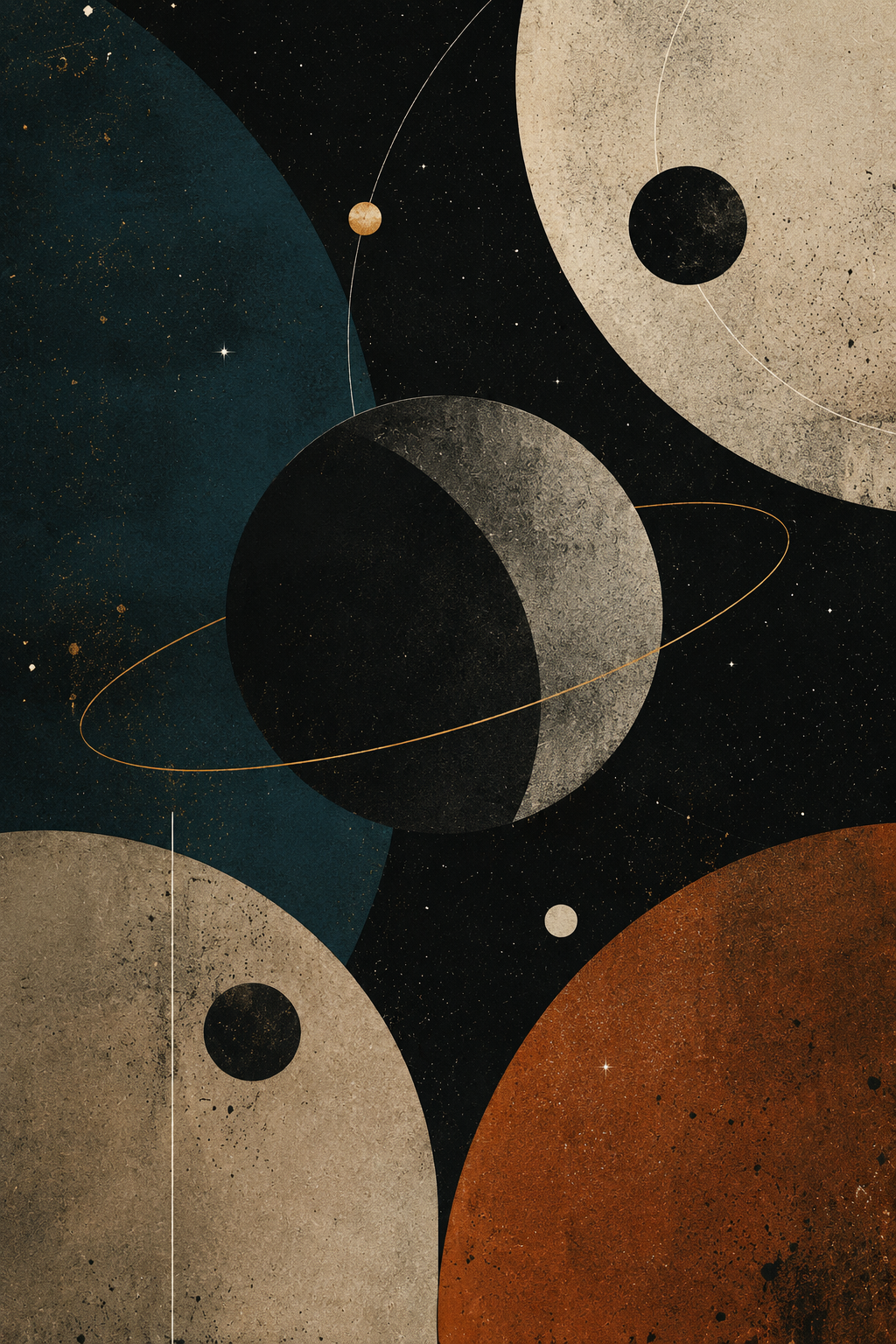 Orbital Echoes | Printable Abstract Wall Art | Morphē Studio — textured stone planets in slow orbit with gold ring and rust-red world on deep black starry background