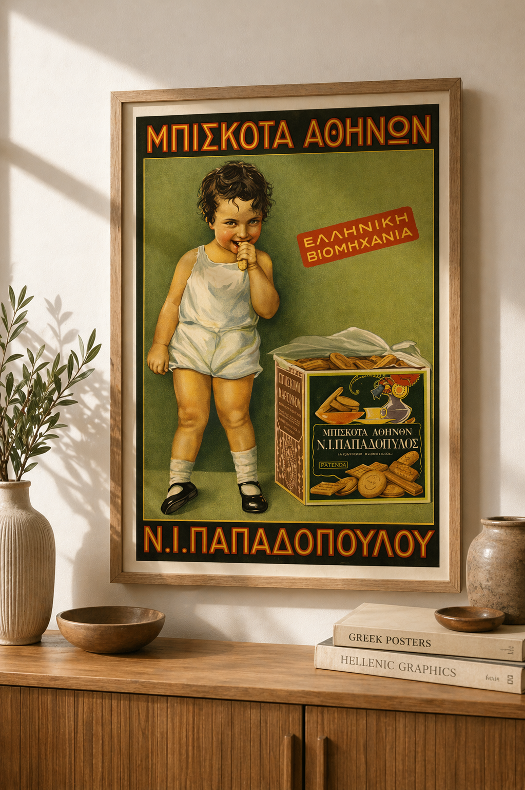 Papadopoulos Biscuits – Greek Vintage Advertising Poster, digitally restored printable wall art, mockup