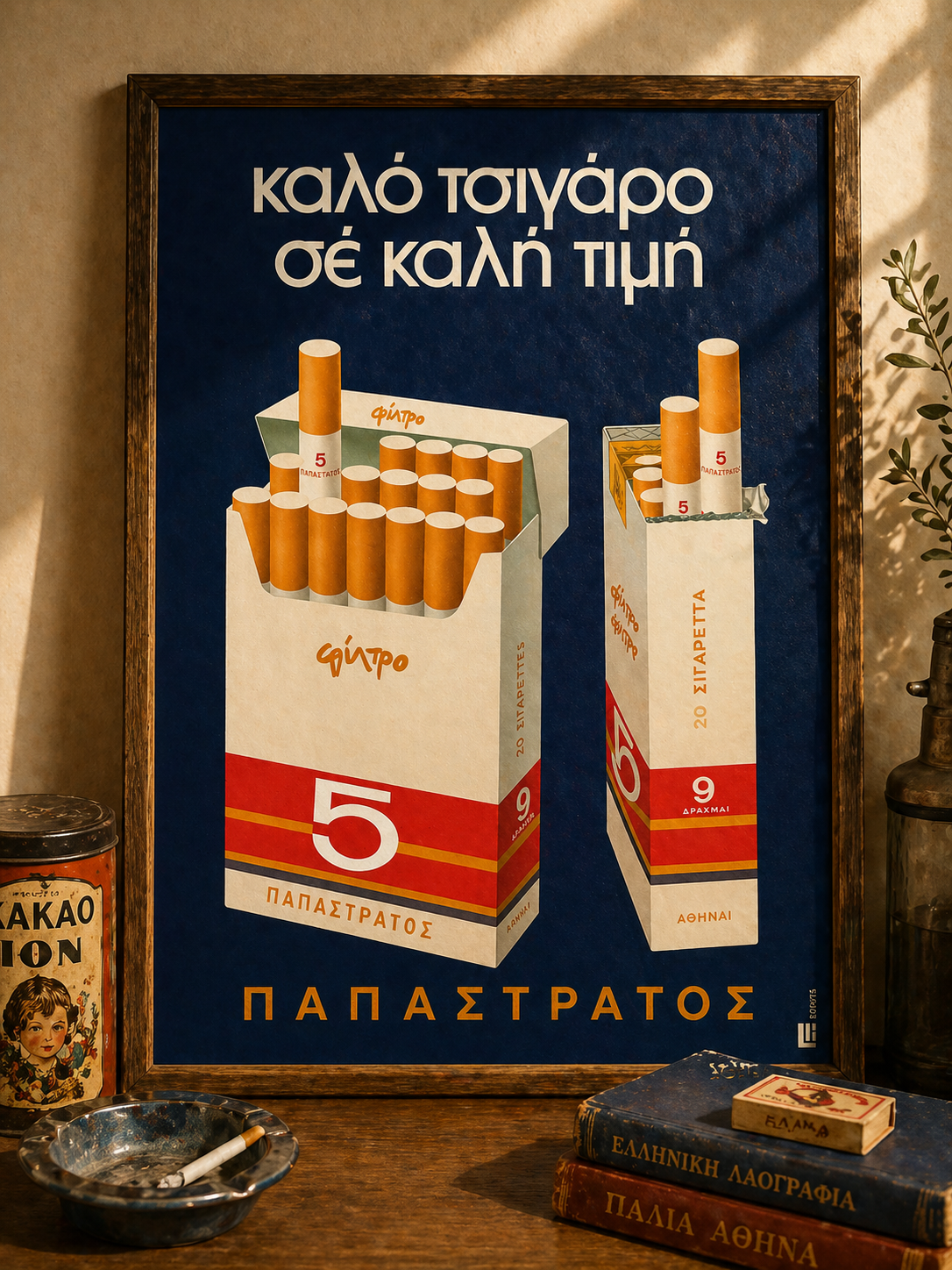 Papastratos PENTE Filter Cigarettes – Greek Vintage Advertising Poster, digitally restored printable wall art, mockup