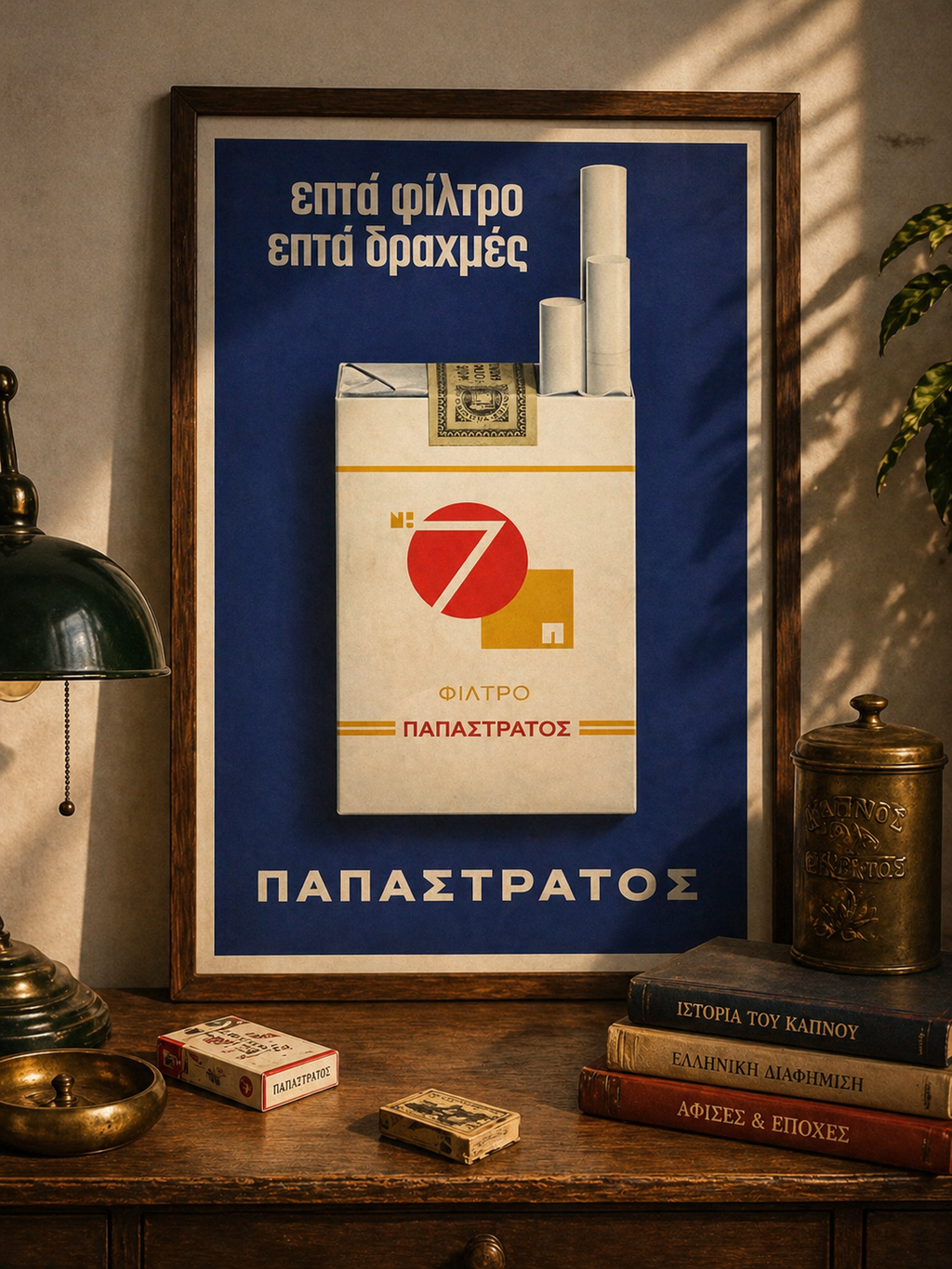 Papastratos EFTA Cigarettes Greek vintage advertisement poster mockup displayed as framed wall art in interior decor
