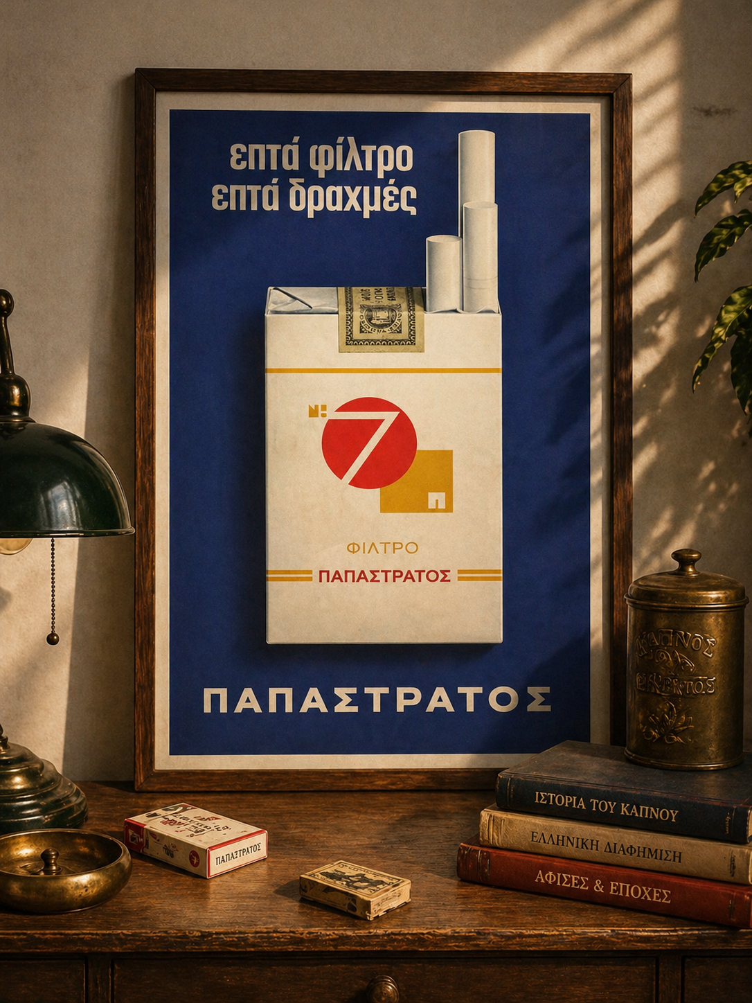 Papastratos EFTA Cigarettes Greek vintage advertisement poster mockup displayed as framed wall art in interior decor
