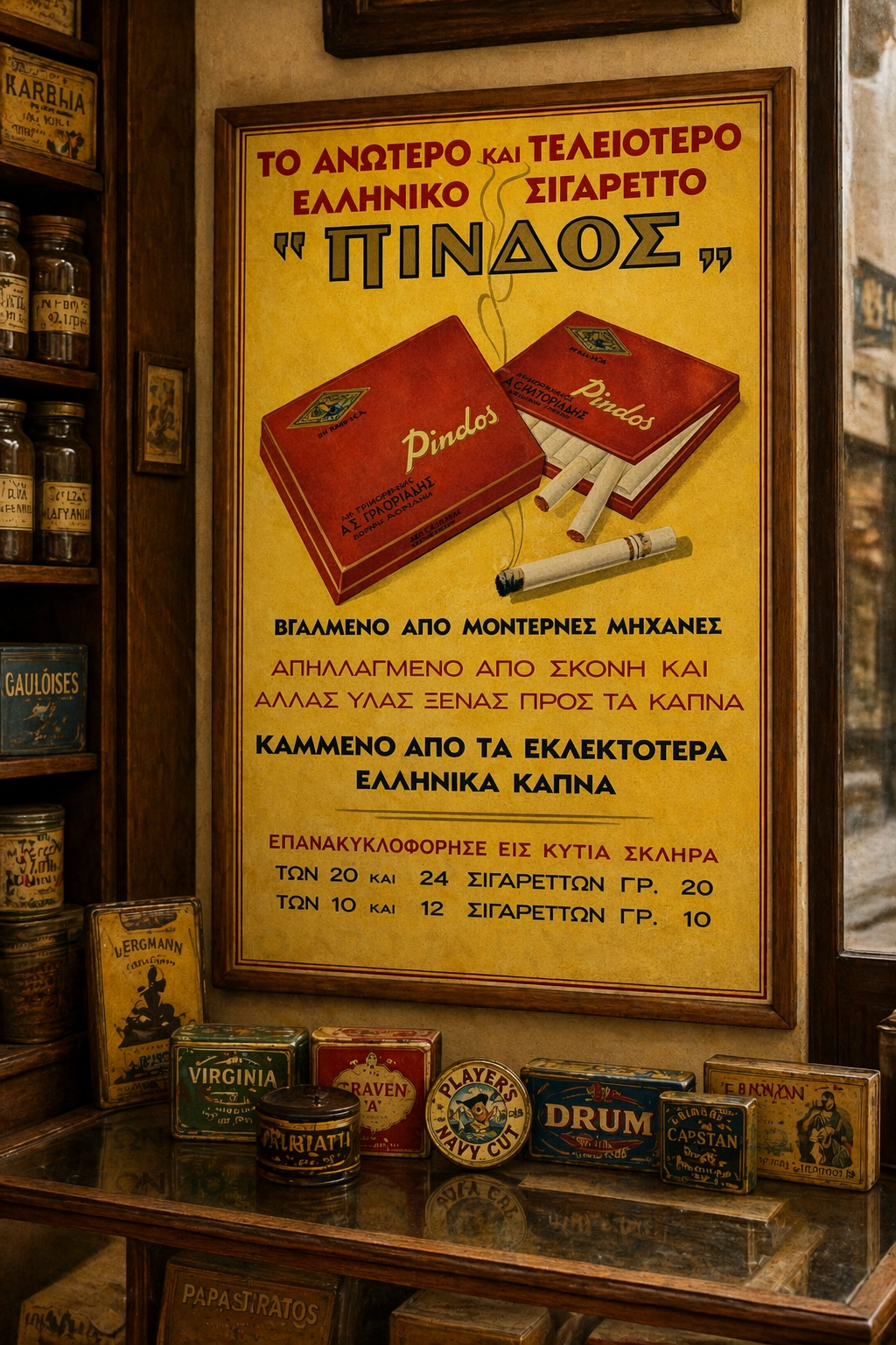Pindos Cigarettes Greek vintage advertisement poster mockup displayed as framed wall art in interior decor
