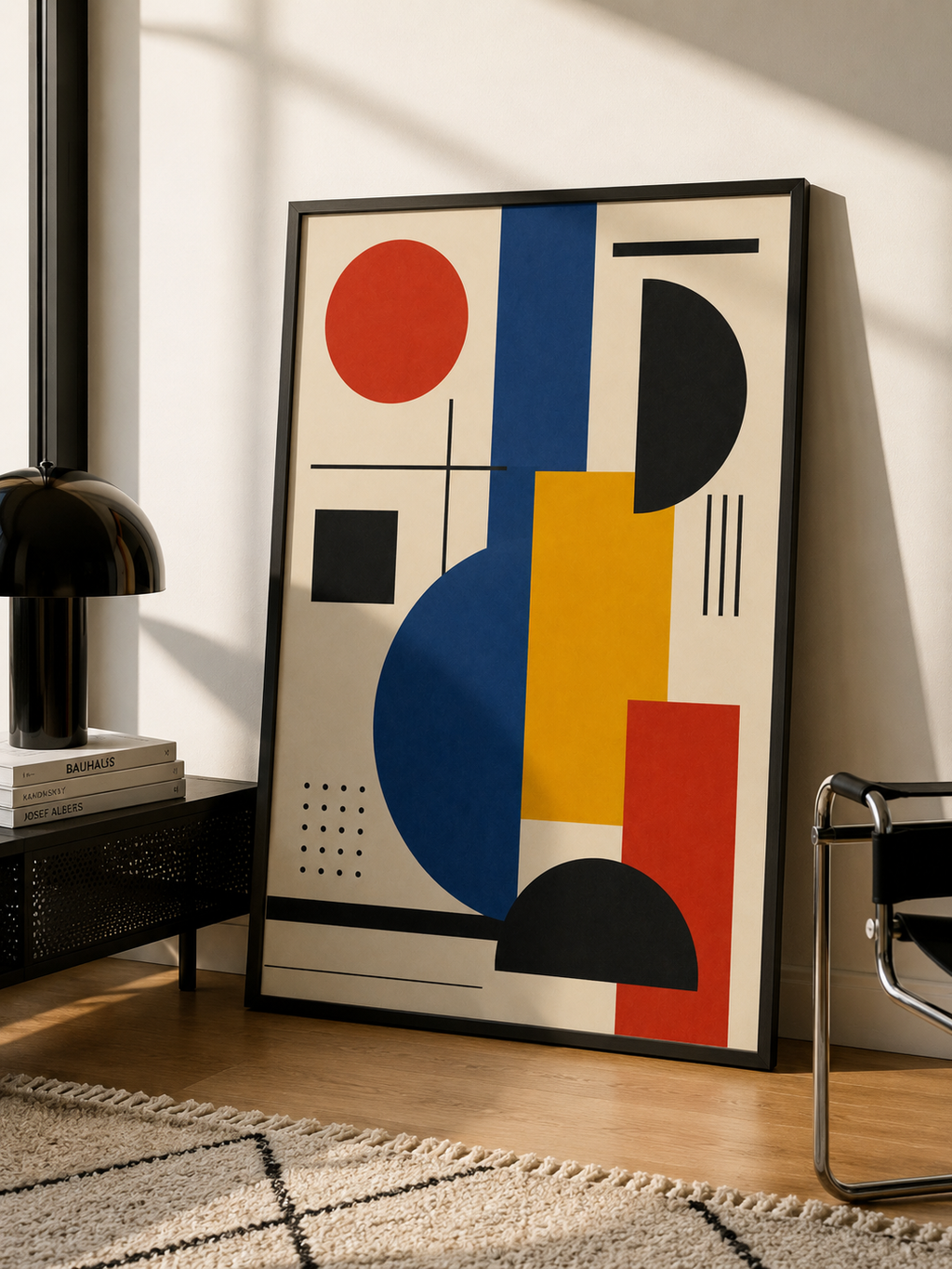 Primary Rhythm | Printable Abstract Wall Art | Morphē Studio — large framed Bauhaus geometric print in black frame leaning on wall beside black dome lamp and Bauhaus, Kandinsky, Josef Albers books