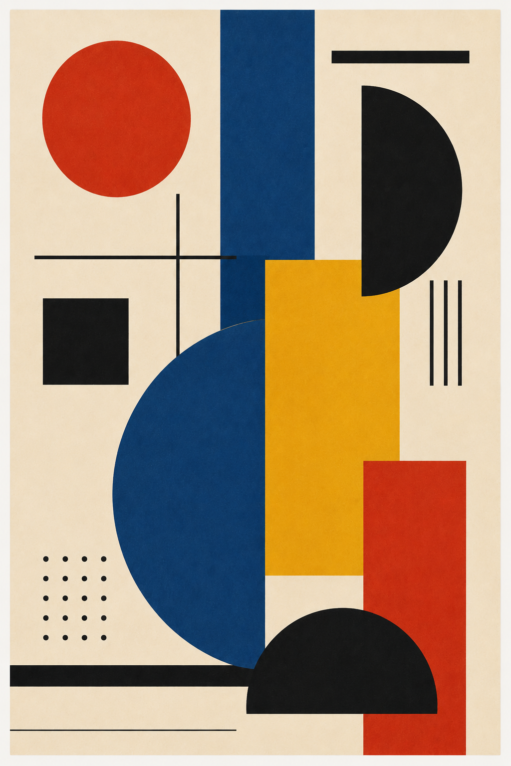 Primary Rhythm | Printable Abstract Wall Art | Morphē Studio — bold geometric composition with red circle, cobalt blue column, golden yellow rectangle and black semicircles on cream background, Bauhaus-inspired abstract art