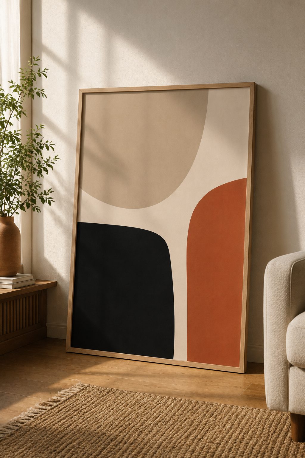 Quiet Balance | Printable Abstract Wall Art | Morphē Studio — large framed organic minimalist print in oak frame leaning on wall beside terracotta vase with olive plant and cream sofa in warm living room