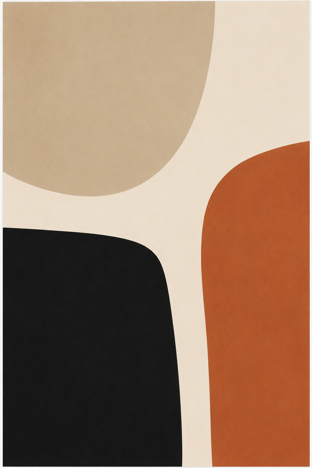 Quiet Balance | Printable Abstract Wall Art | Morphē Studio — soft sand arc, deep charcoal rounded shape and warm terracotta curve on cream background, organic minimalist abstract art