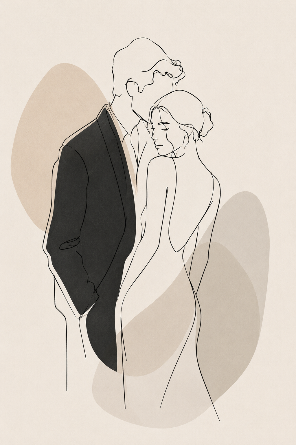 Quiet Embrace minimal line art print — black line illustration of a man in a dark suit holding a woman close, with soft taupe oval shadow accents on cream background, Morphē Studio