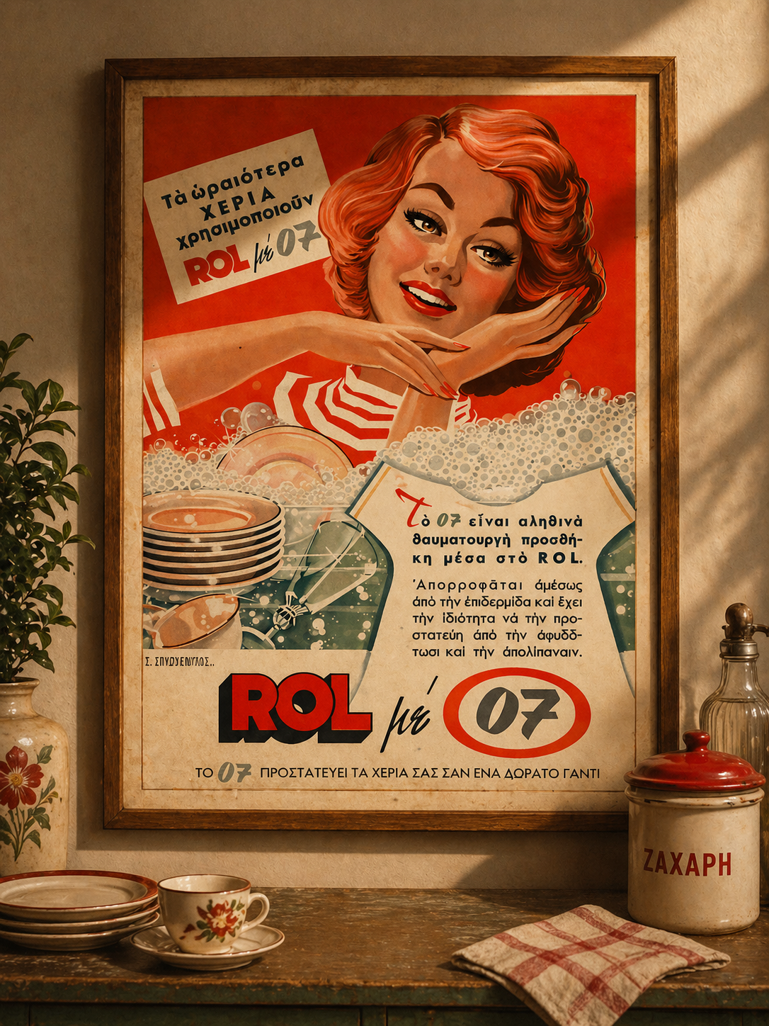 ROL Washing Powder Greek vintage advertisement poster mockup displayed as framed wall art in interior decor
