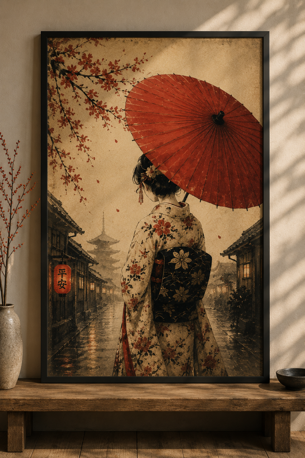Red Umbrella Japanese Art Print – Framed Wall Art Mockup | Morphē Studio