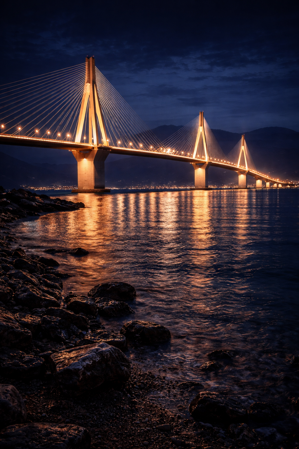 Cinematic night view of Rion-Antirion Bridge Greece – iconic cable-stayed bridge illuminated over the Gulf of Corinth, wall art digital print by Morphē Studio