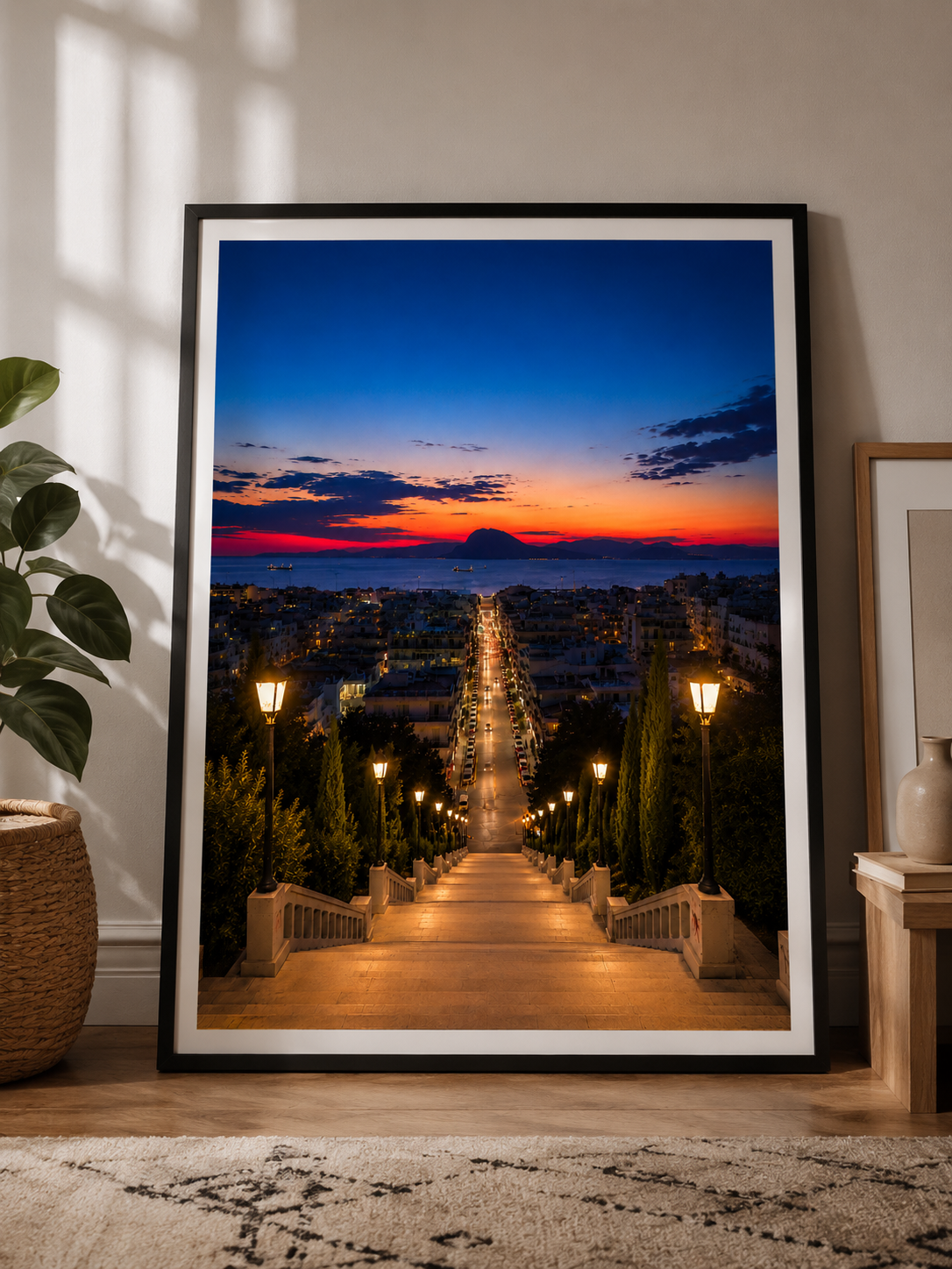 Saint Nicolas Stairs of Patras by Night cinematic poster in a modern interior frame – Morphē Studio wall art print

