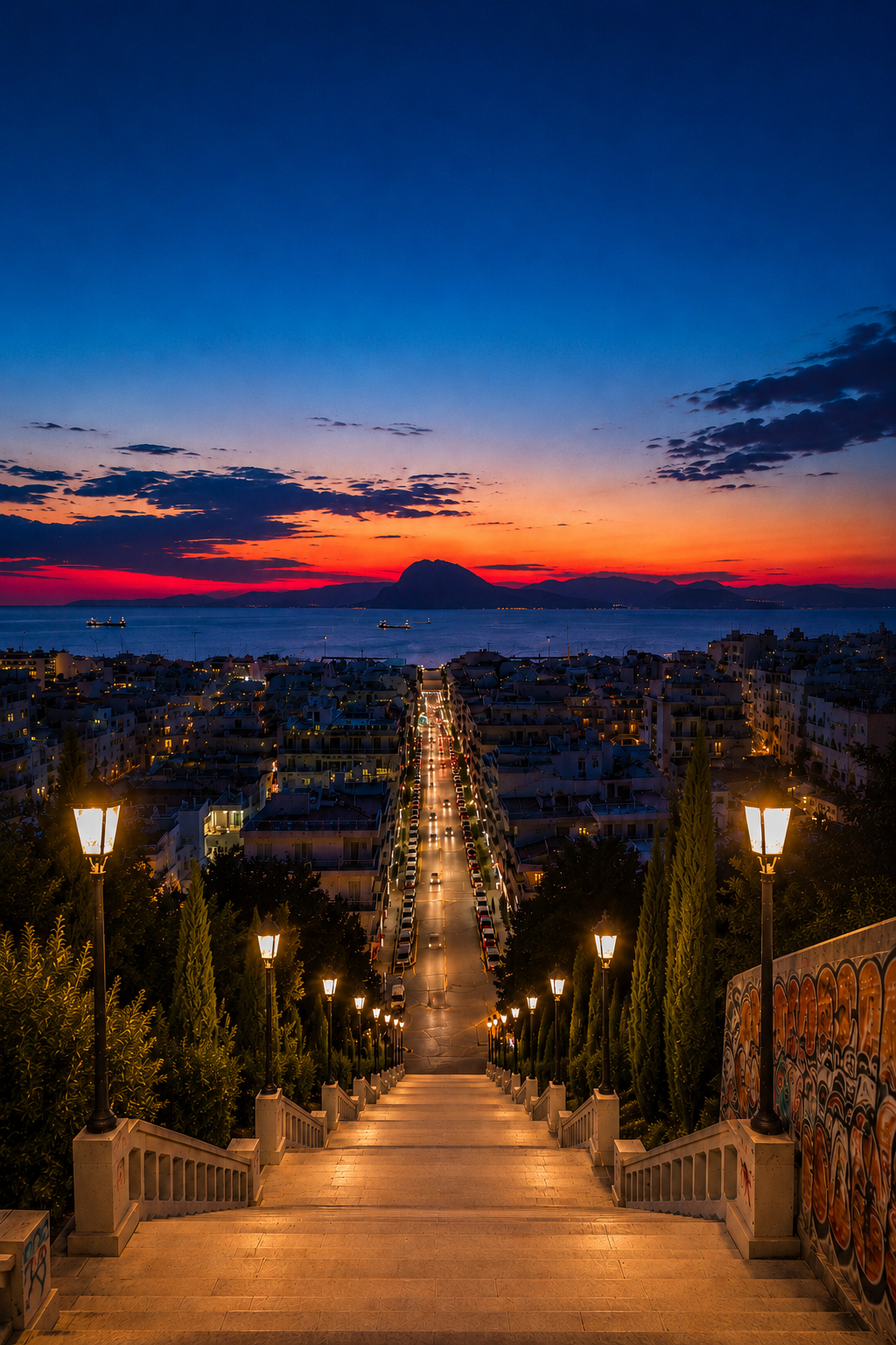 Cinematic night view of Saint Nicolas Stairs Patras Greece – iconic grand stairway glowing under the night sky, wall art digital print by Morphē Studio