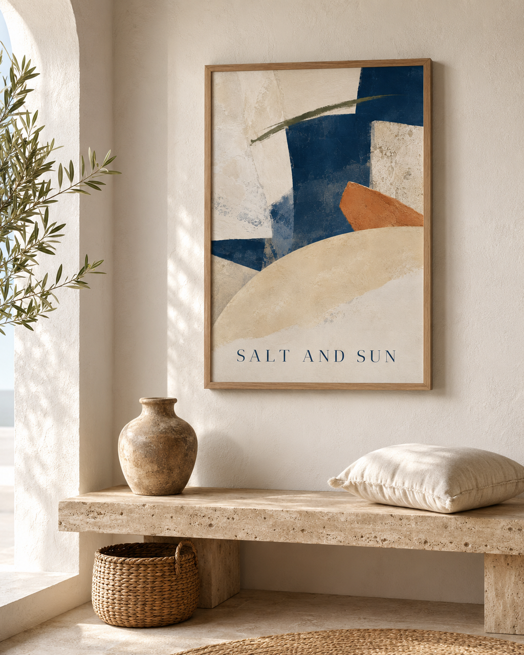 Salt and Sun | Printable Abstract Wall Art | Morphē Studio — framed print on white wall above stone bench in Mediterranean hallway