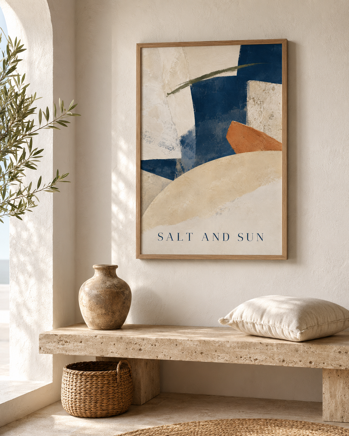 Salt and Sun | Printable Abstract Wall Art | Morphē Studio — framed print on white wall above stone bench in Mediterranean hallway