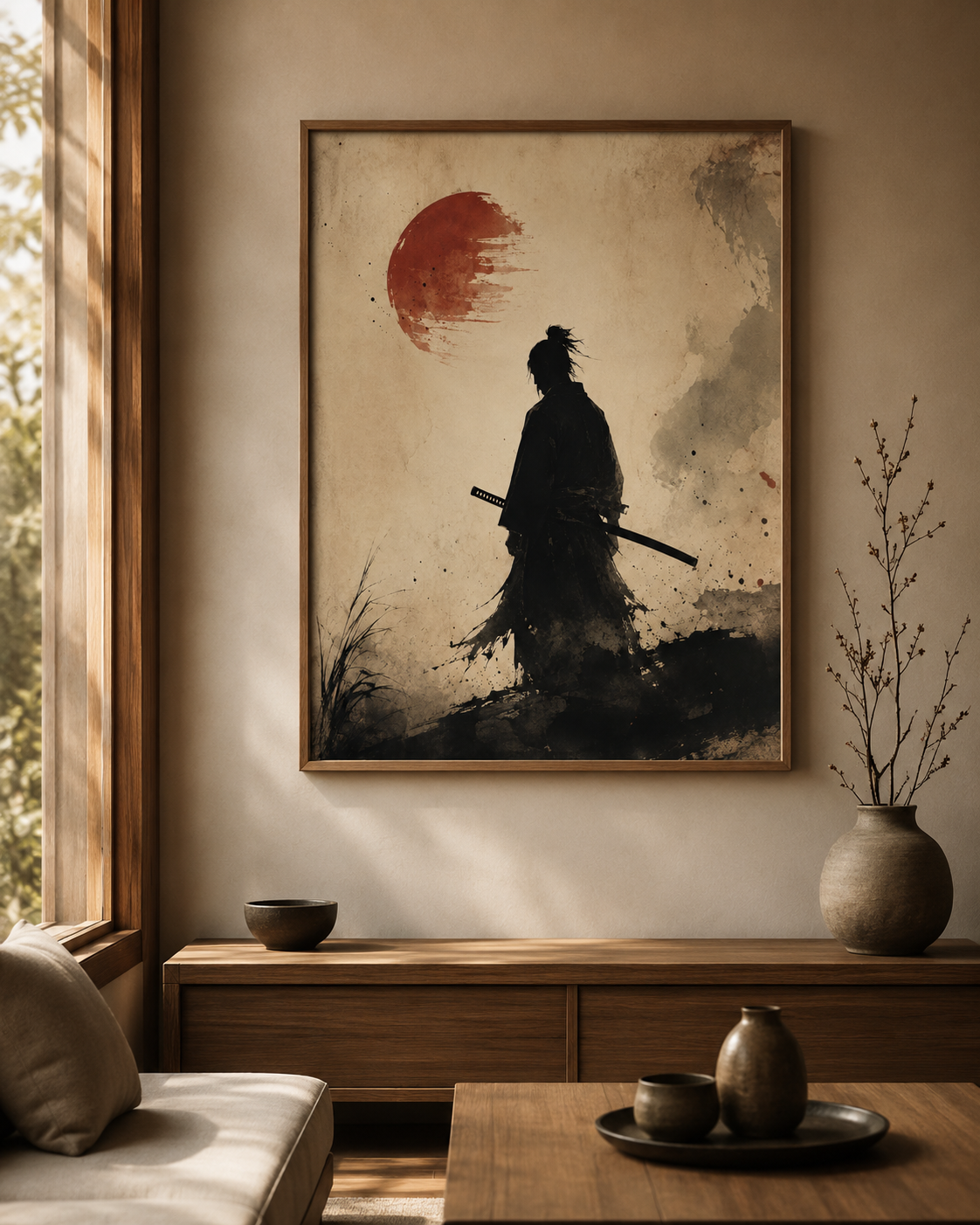 Samurai Shadow Japanese Art Print – Framed Wall Art Mockup | Morphē Studio