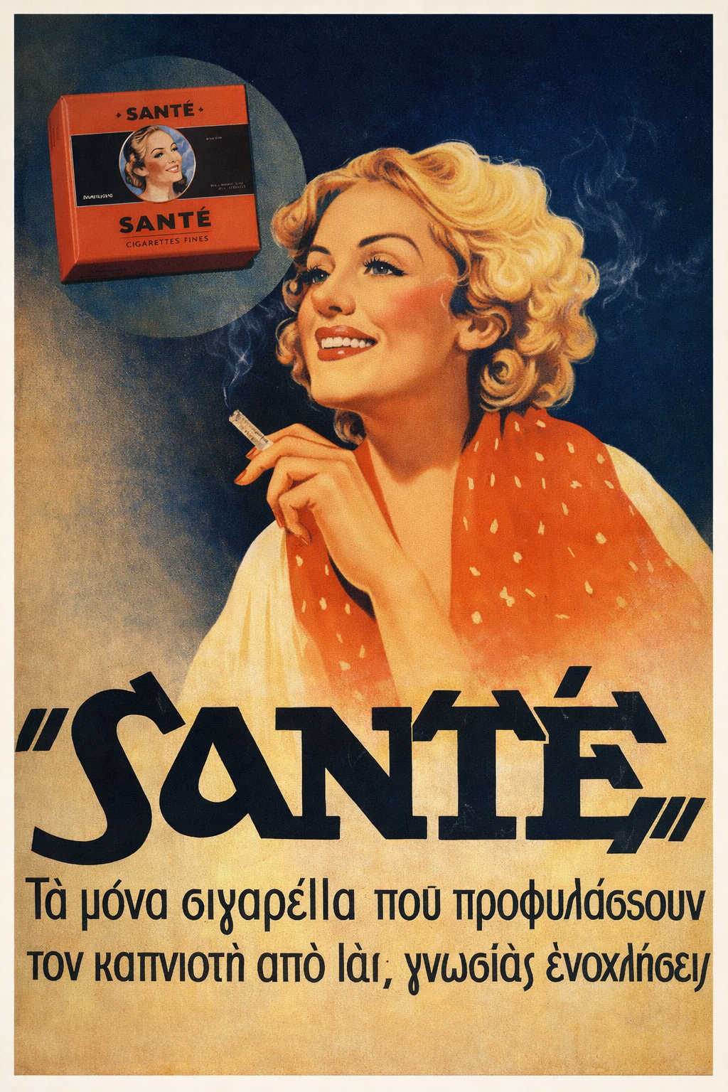 Sante Cigarettes vintage Greek ad print – printable wall art with restored 1950s Greek cigarette advertising poster