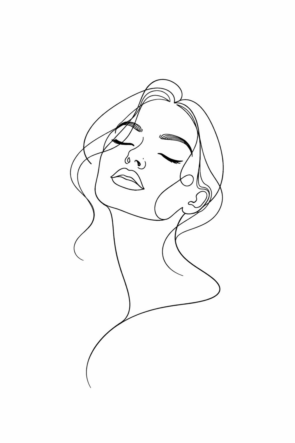 Serene Muse minimal line art print — expressive black line illustration of a woman with head tilted back, eyes closed and loose wavy hair on white background, Morphē Studio