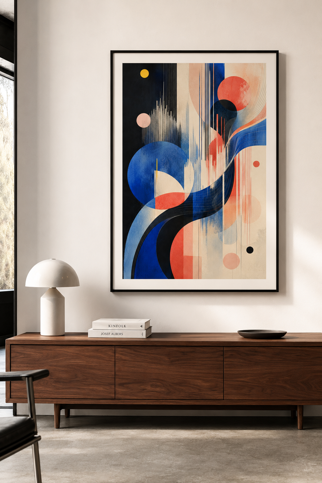 Signal Bloom | Printable Abstract Wall Art | Morphē Studio — framed bold abstract print above walnut sideboard with mushroom lamp in modern living room