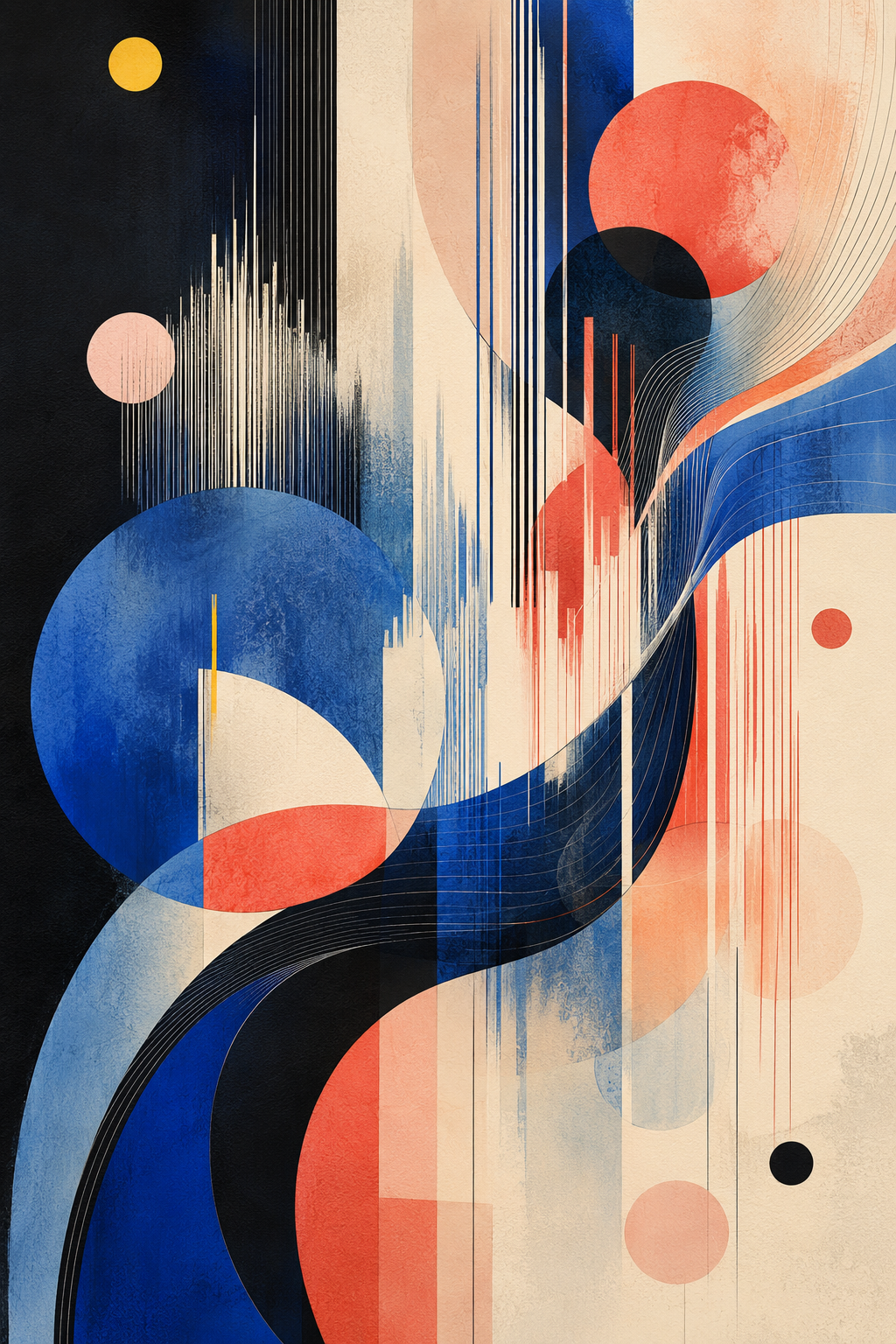 Signal Bloom | Printable Abstract Wall Art | Morphē Studio — cobalt blue curves, coral red circles and vertical signal lines on cream background, mid-century abstract art