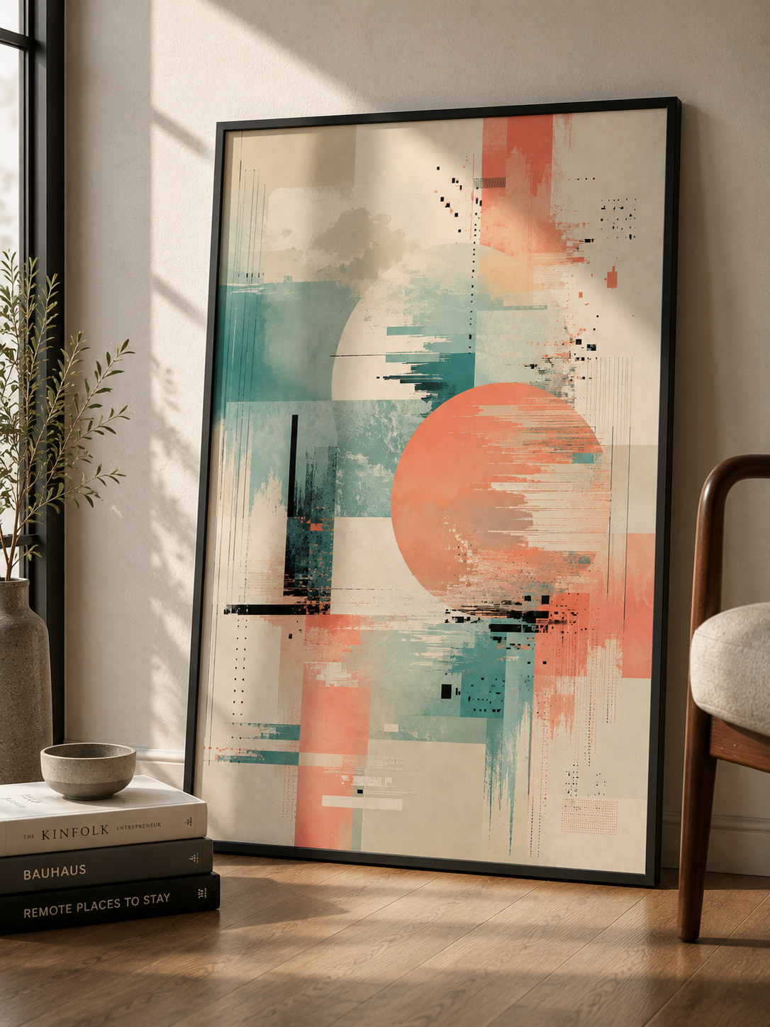 Signal Drift | Printable Abstract Wall Art | Morphē Studio — framed glitch abstract print leaning on wall beside armchair with Kinfolk and Bauhaus books on floor