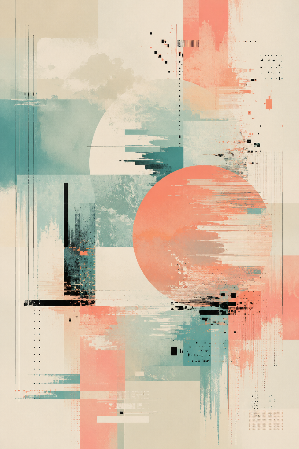 Signal Drift | Printable Abstract Wall Art | Morphē Studio — coral sun dissolving into teal and peach horizontal streaks with pixel fragments on cream background