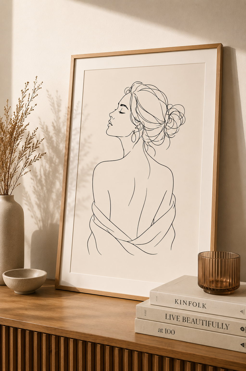 Soft Back Muse minimal line art print — framed wall art of a woman from behind with elegant updo and draped fabric, leaning on a warm beige wall above a wooden sideboard with dried grass, Kinfolk books and amber glass, Morphē Studio