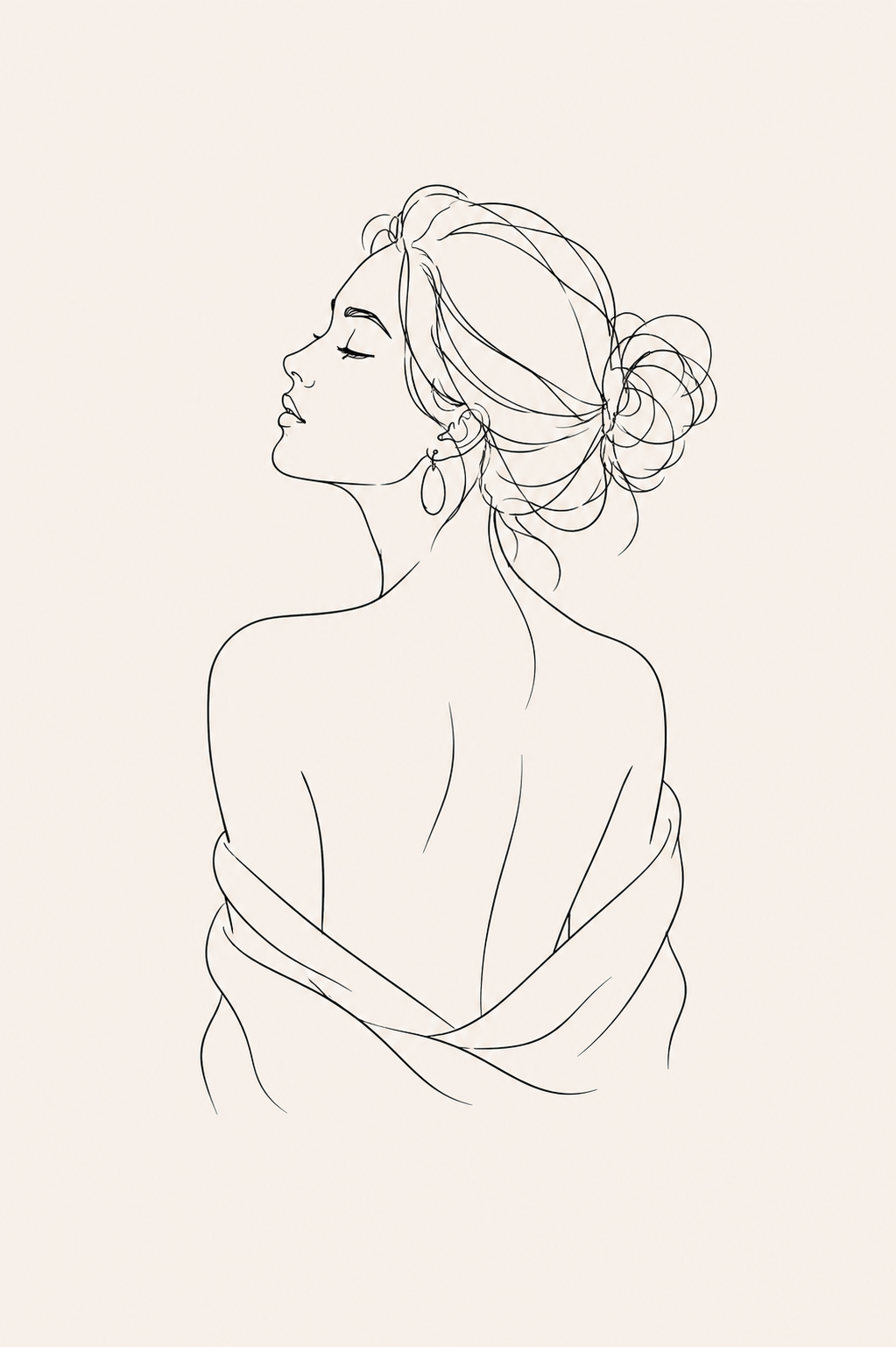 Soft Back Muse minimal line art print — black line illustration of a woman's bare back with upswept hair, hoop earring and draped fabric on warm cream background, Morphē Studio