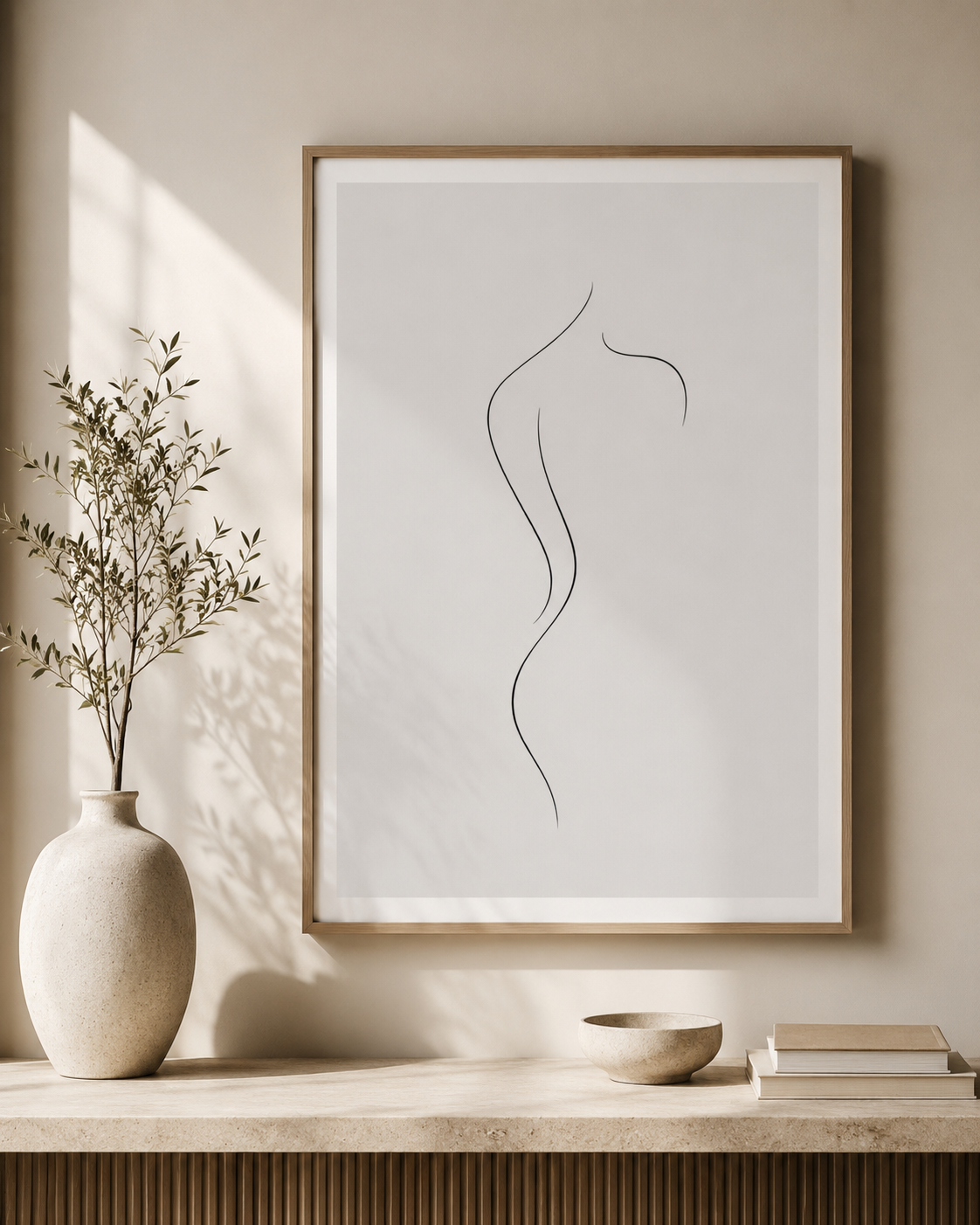 Soft Silhouette minimal line art print — framed wall art with a single curved line of a woman's body, hung above a marble console with large ceramic vase, olive branch and stacked books in a warm Scandinavian interior, Morphē Studio