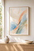 Soft Velocity | Printable Abstract Wall Art | Morphē Studio — framed soft abstract print in oak frame on white wall above oak sideboard with ceramic vase and bowl in bright Mediterranean room