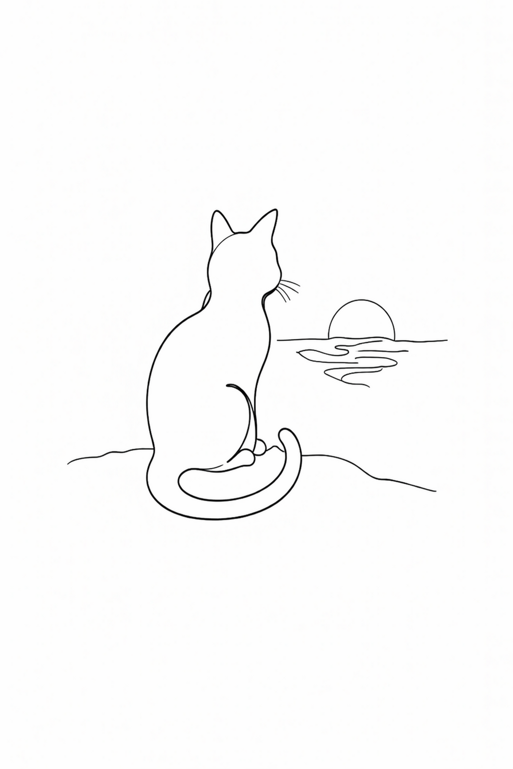 Sunset Watcher minimal line art print — black line illustration of a cat sitting from behind watching a sun setting over the sea horizon with rippling water reflections, on white background, Morphē Studio