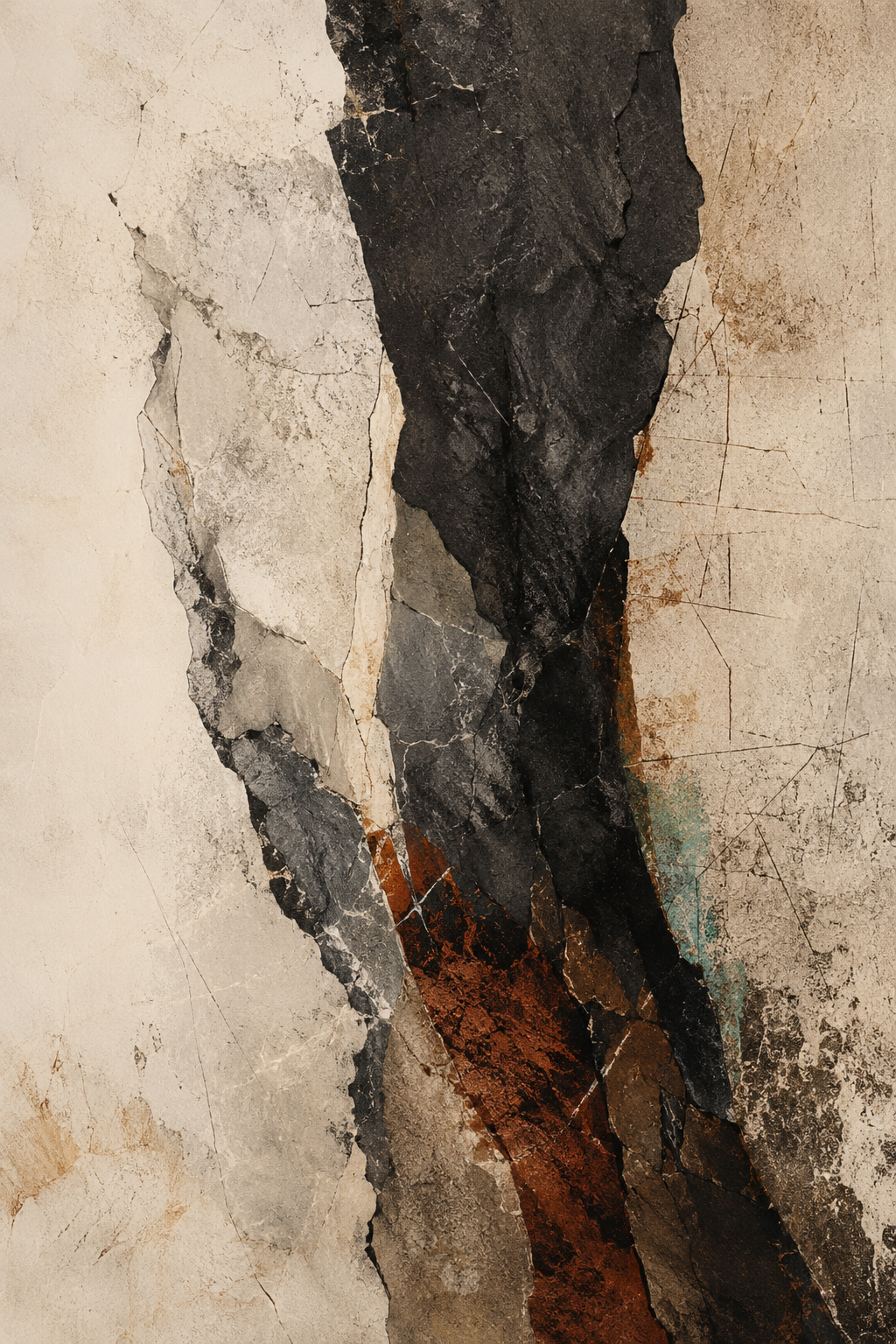 Tectonic Silence | Printable Abstract Wall Art | Morphē Studio — fractured volcanic rock and rust earth tones abstract texture on pale limestone background