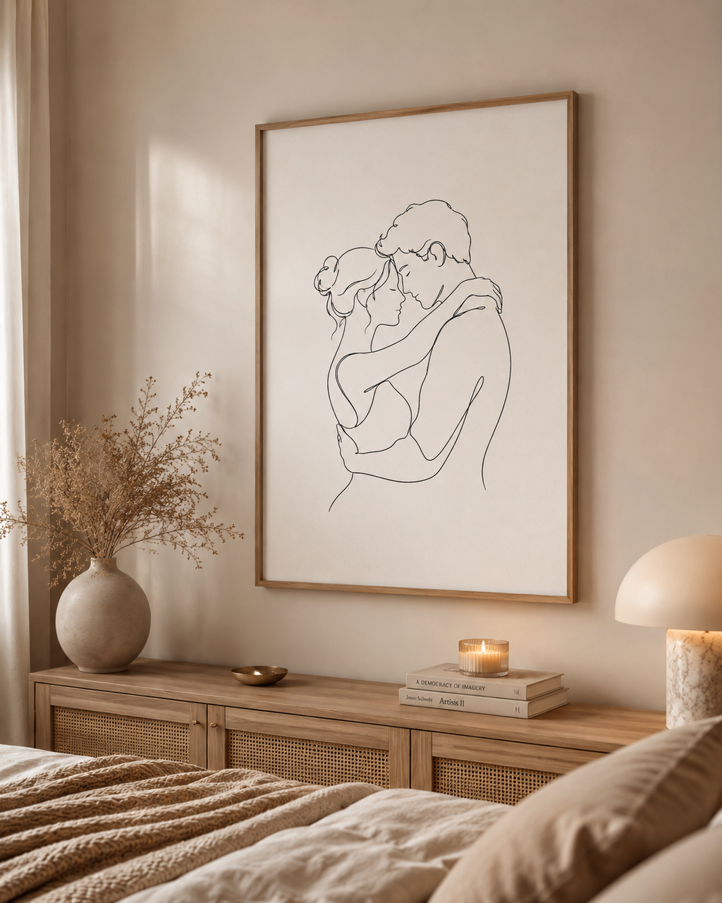 Tender Embrace minimal line art print — large framed wall art of a couple in a close embrace, hung above a rattan sideboard with ceramic vase, dried flowers, candles and mushroom lamp in a warm bedroom, Morphē Studio