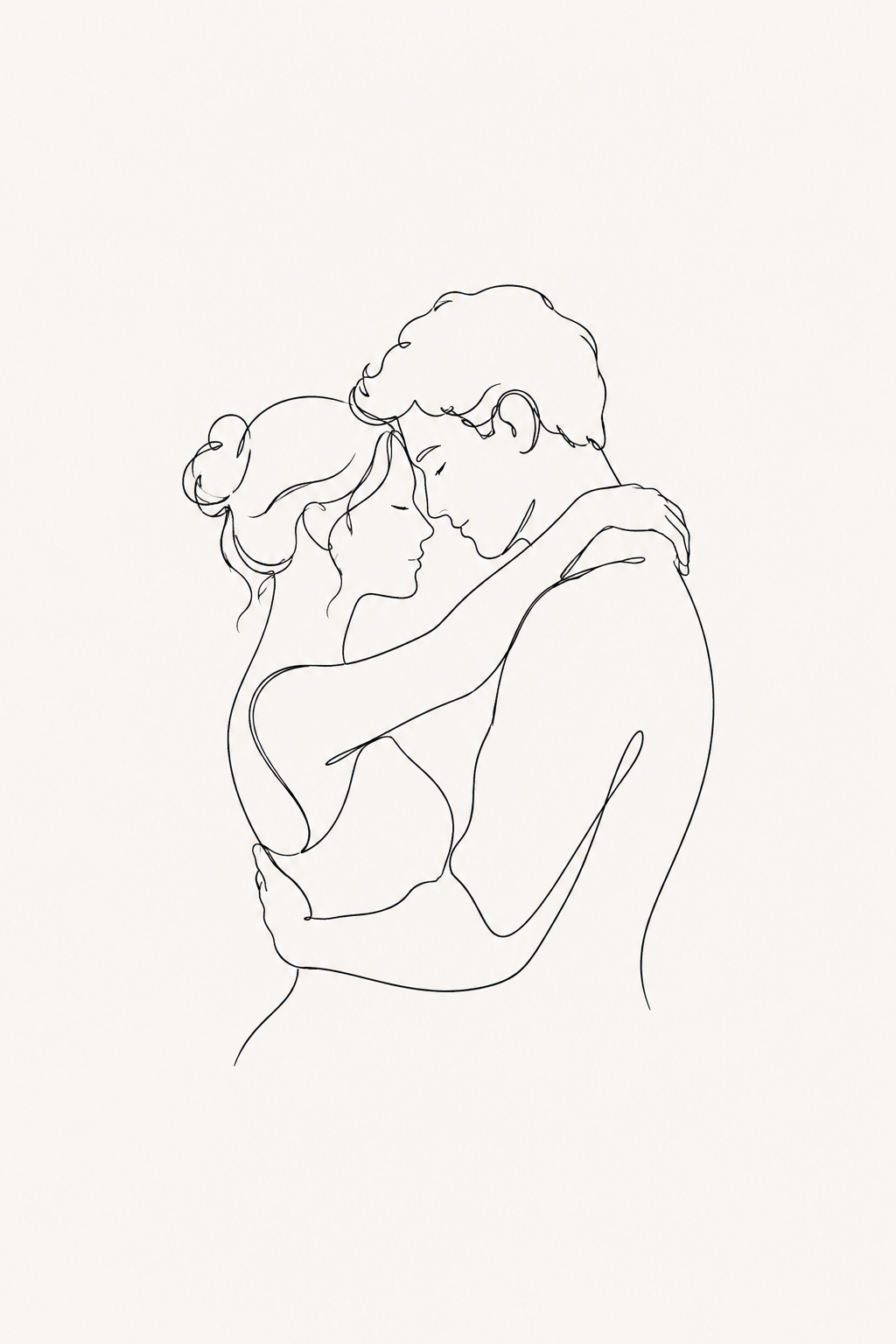 Tender Embrace minimal line art print — expressive black line illustration of a man and woman holding each other close with foreheads nearly touching and arms wrapped around each other, on warm cream background, Morphē Studio