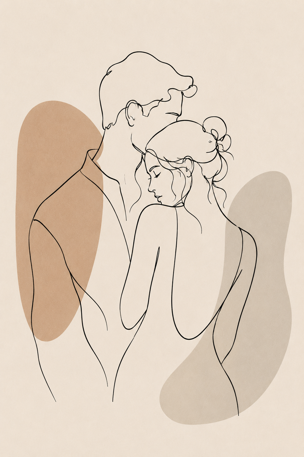 Tender Silence minimal line art print — black line illustration of a man holding a woman close as she rests against him with eyes closed, with warm taupe and grey oval shadow accents on cream background, Morphē Studio