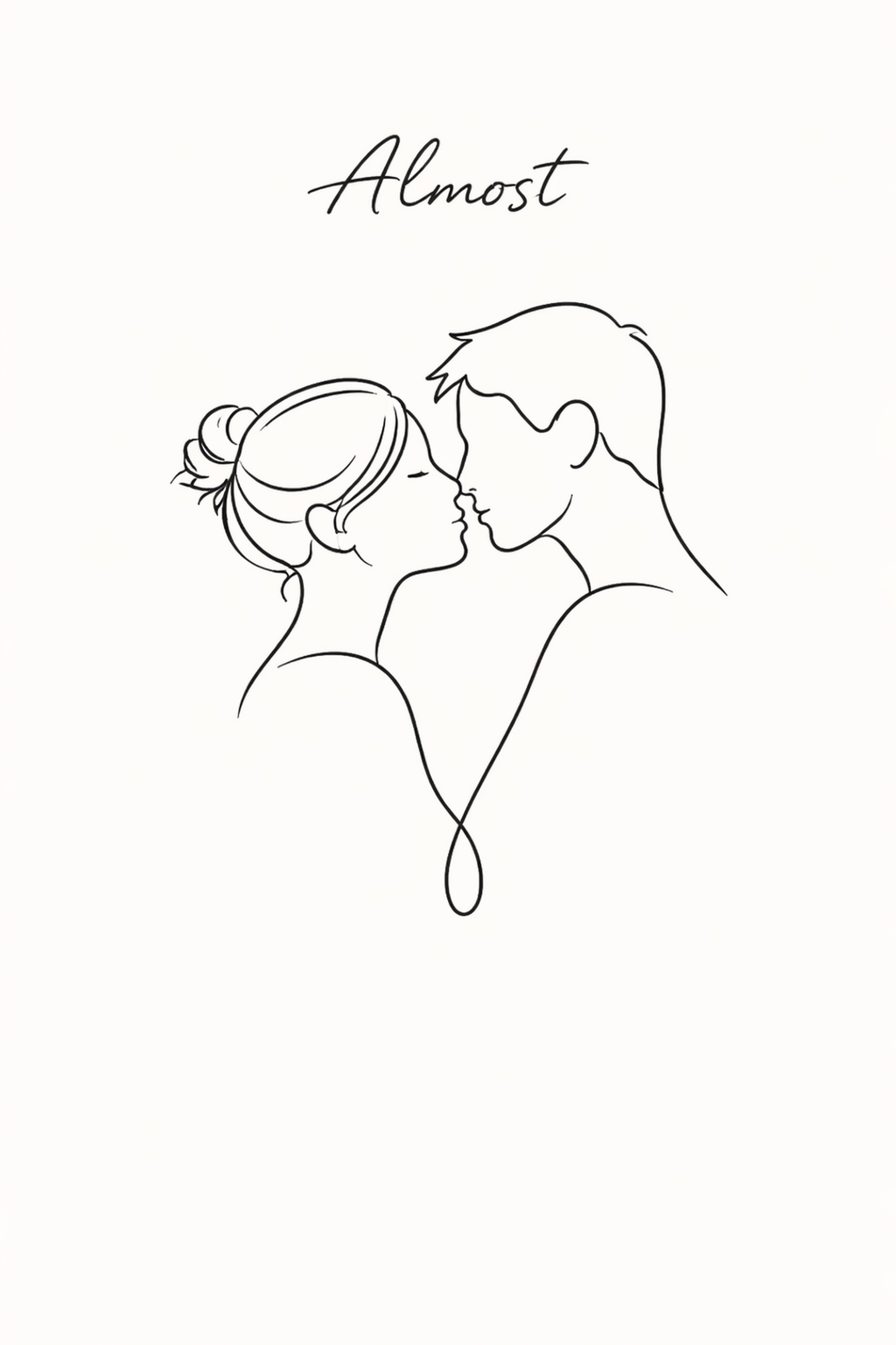 The Almost Kiss minimal line art print — black line illustration of a man and woman facing each other with lips nearly touching and cursive Almost script typography above, on warm cream background, Morphē Studio