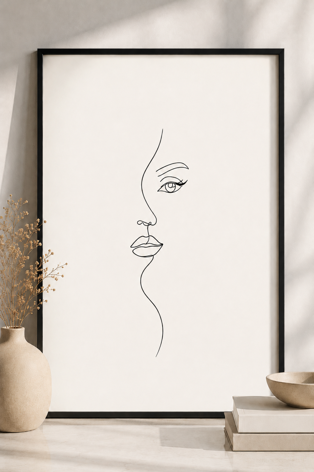 The Muse Line minimal line art print — large black framed wall art of a woman's face profile in a single line, leaning on a white wall above a marble surface with dried flower vase, stacked books and ceramic bowl, Morphē Studio