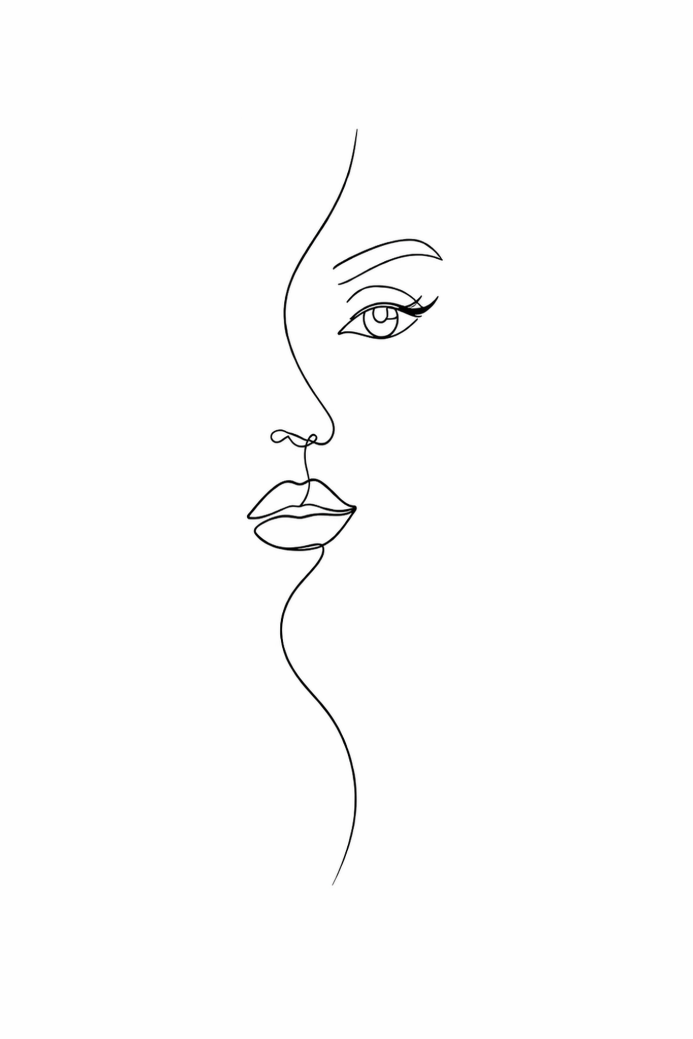 The Muse Line minimal line art print — ultra-minimal black single line illustration of a woman's face in profile with expressive eye, arched brow and full lips on white background, Morphē Studio