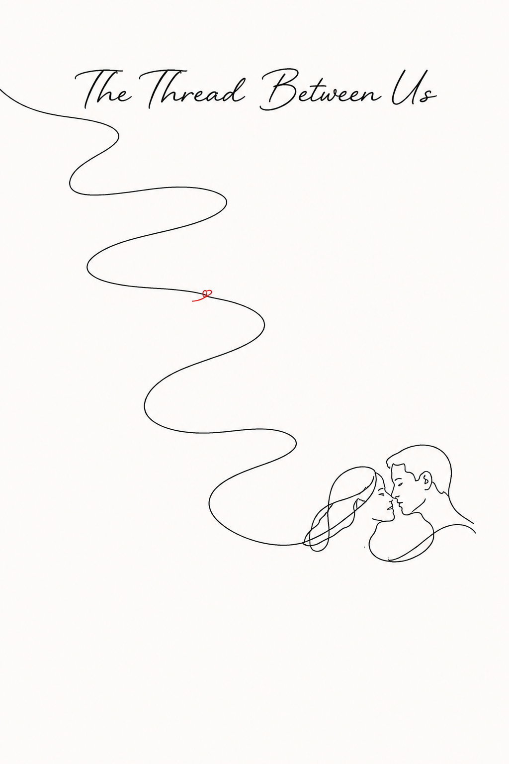 The Thread Between Us minimal line art print — black line illustration of a winding red thread of fate connecting cursive script title to a couple almost kissing, on cream background, Morphē Studio