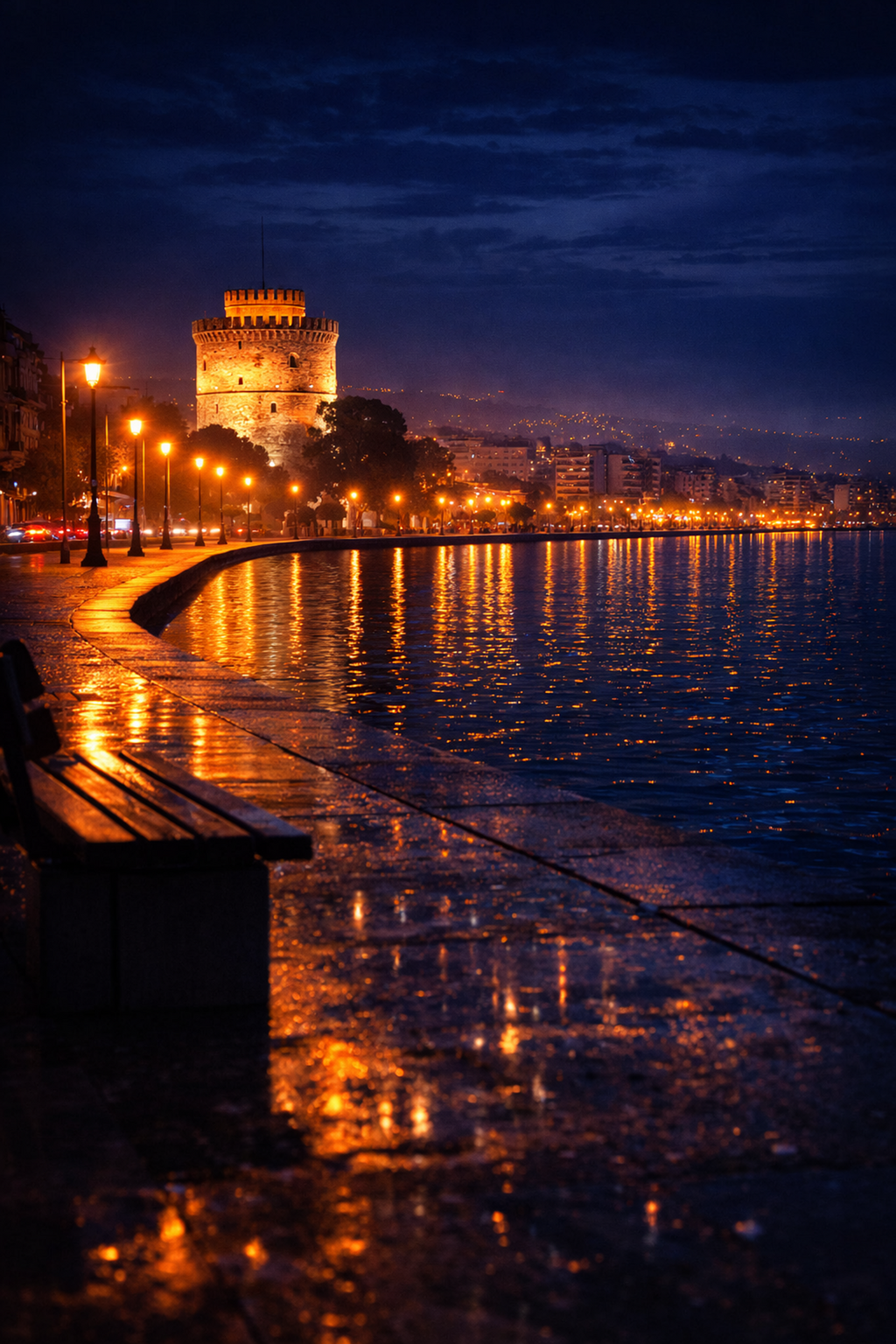 Cinematic night view of Thessaloniki Greece – White Tower and waterfront promenade glowing over the Thermaic Gulf, wall art digital print by Morphē Studio