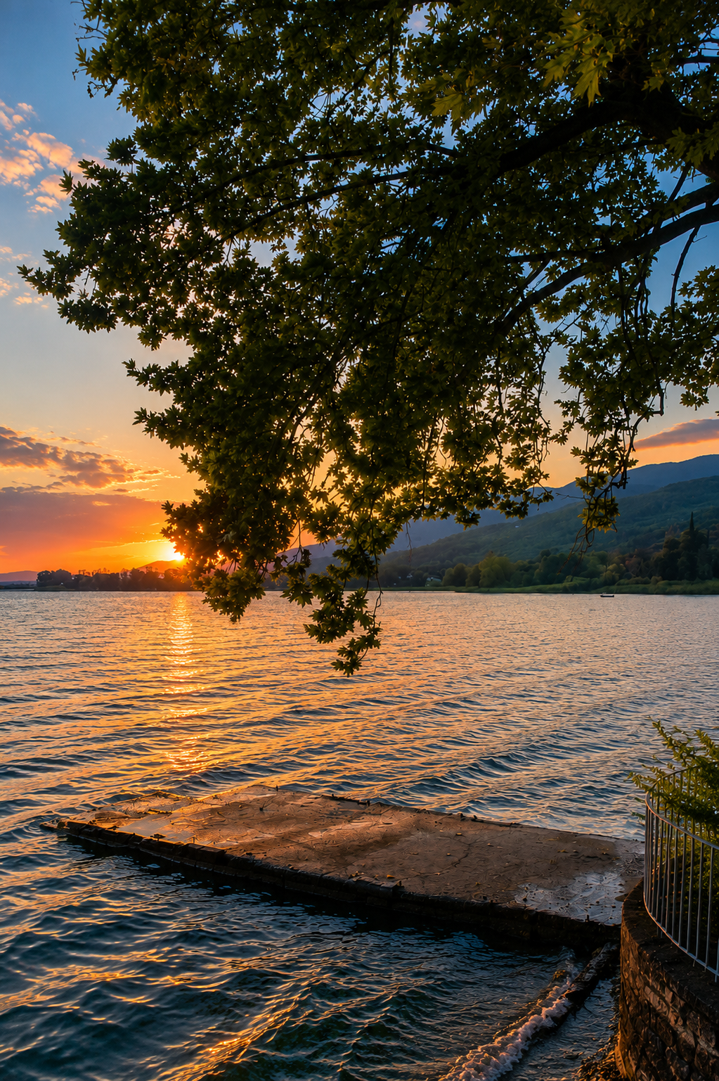 Cinematic sunset view of Lake Trichonida Greece – golden light reflecting on the still waters of the largest natural lake in Greece, wall art digital print by Morphē Studio