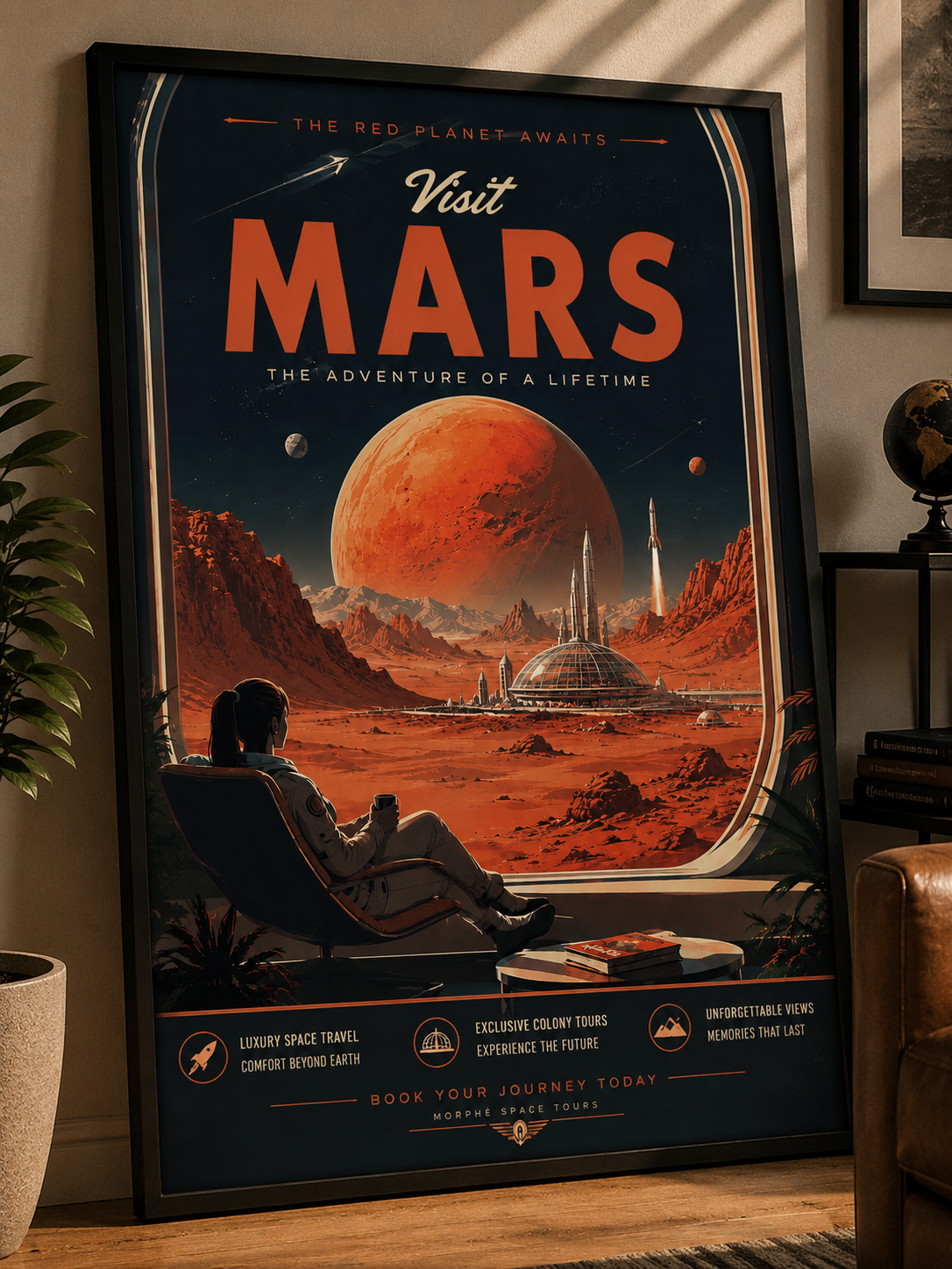 Visit Mars. The Adventure of a Lifetime – Cinematic Space Tourism Poster | Framed Wall Art Mockup | Morphē Studio