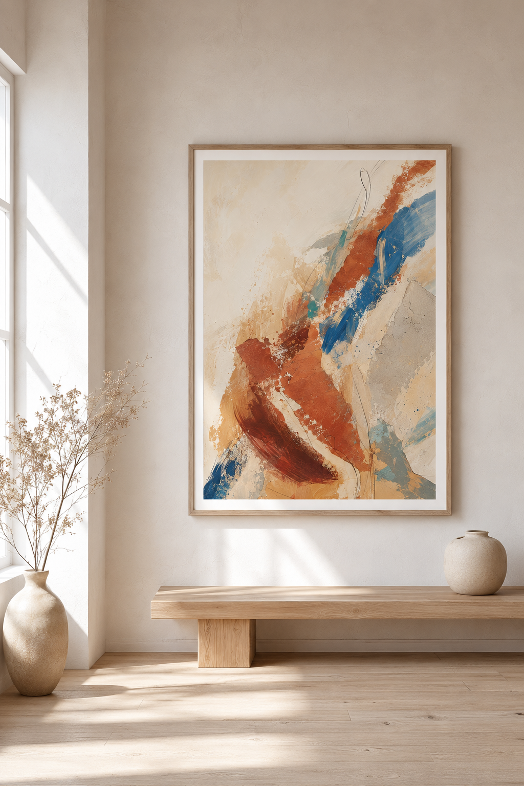 Volcanic Drift | Printable Abstract Wall Art | Morphē Studio — large framed expressive abstract print in oak frame on white wall above oak bench with two cream ceramic vases in bright Japandi living room