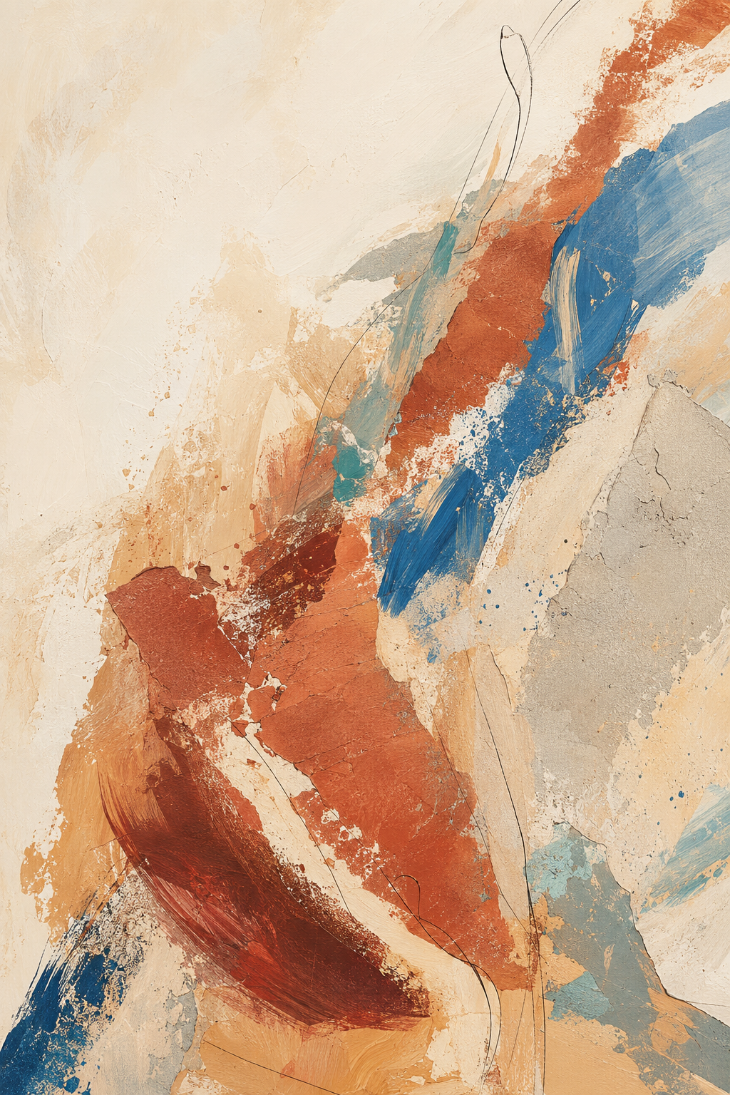 Volcanic Drift | Printable Abstract Wall Art | Morphē Studio — bold terracotta and burnt sienna brushstrokes surging diagonally across warm cream ground colliding with electric cobalt blue, raw expressive abstract art